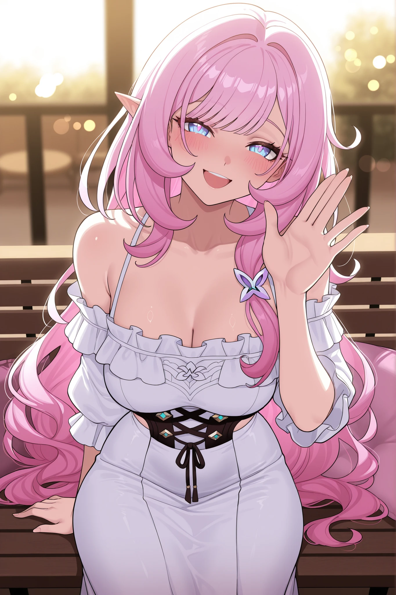 elysia_\(honkai_impact\), Mullon art style, high quality, masterpiece, best quality, 1girl, solo, gradient long straight hair let down, blush, bokeh light, score_9, score_8_up, score_8, 1girl, hair let down, long straight hair, pink and white gradient hair, smile, looking at viewer, viewer pov, wavy hair, ((hair let down)), ((straight long hair)), ((wavy hair)), Elysia from Honkai Impact 3rd, long hair, delicate facial features, natural skin texture, laughing, looking at viewer, professional stylist outfit, off-shoulder beige blouse with high-waisted satin midi skirt, delicate jewelry, sitting on a plush café bench, hugging a soft cushion while slightly leaning to the side, soft warm lighting enhancing the cozy atmosphere, blurred background of café decor and stylish customers, fashionable simple design, face focus, masterpiece, best quality, ultra quality, high detailed, morning, one hand waving