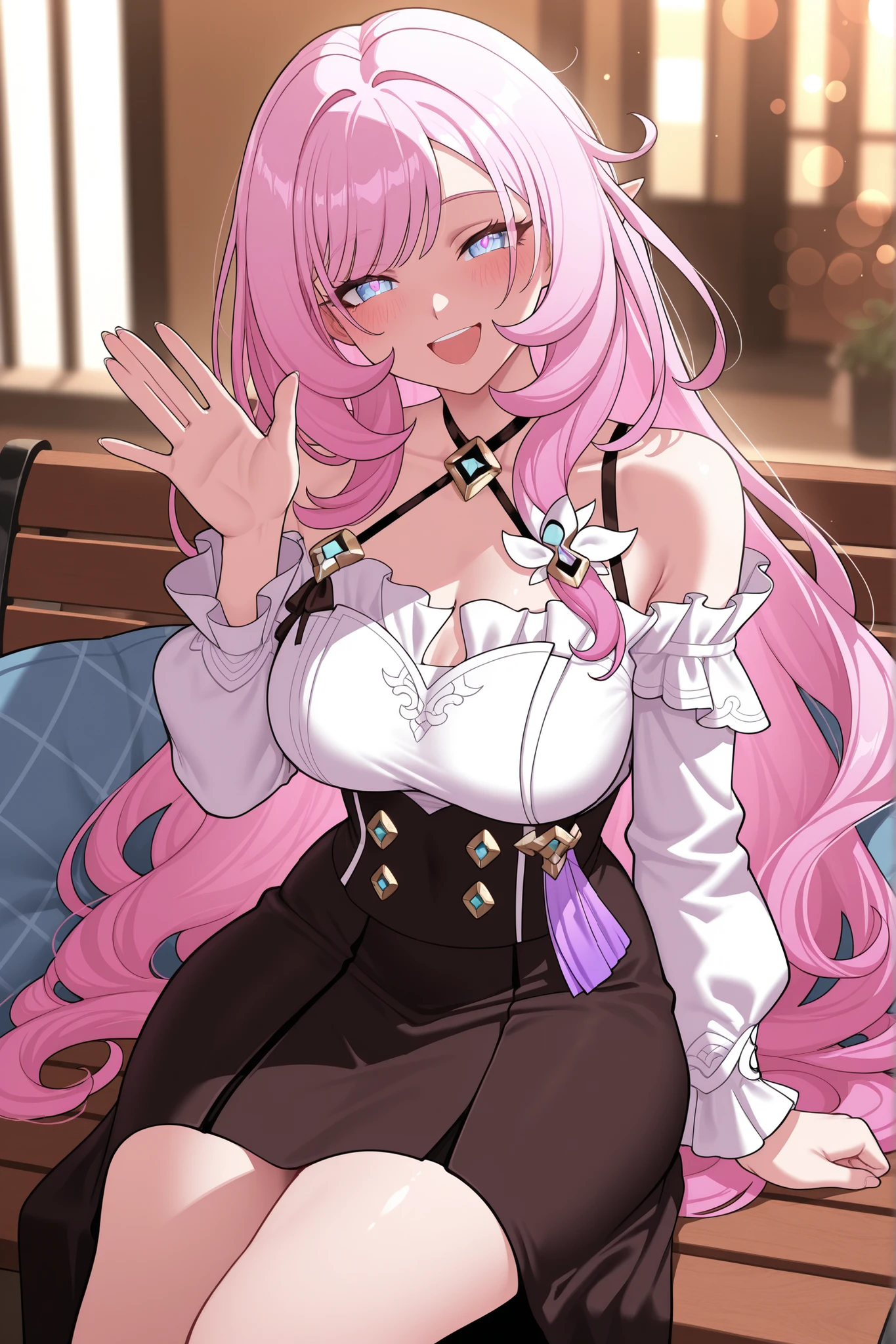 elysia_\(honkai_impact\), Mullon art style, high quality, masterpiece, best quality, 1girl, solo, gradient long straight hair let down, blush, bokeh light, score_9, score_8_up, score_8, 1girl, hair let down, long straight hair, pink and white gradient hair, smile, looking at viewer, viewer pov, wavy hair, ((hair let down)), ((straight long hair)), ((wavy hair)), Elysia from Honkai Impact 3rd, long hair, delicate facial features, natural skin texture, laughing, looking at viewer, professional stylist outfit, off-shoulder beige blouse with high-waisted satin midi skirt, delicate jewelry, sitting on a plush café bench, hugging a soft cushion while slightly leaning to the side, soft warm lighting enhancing the cozy atmosphere, blurred background of café decor and stylish customers, fashionable simple design, face focus, masterpiece, best quality, ultra quality, high detailed, morning, one hand waving