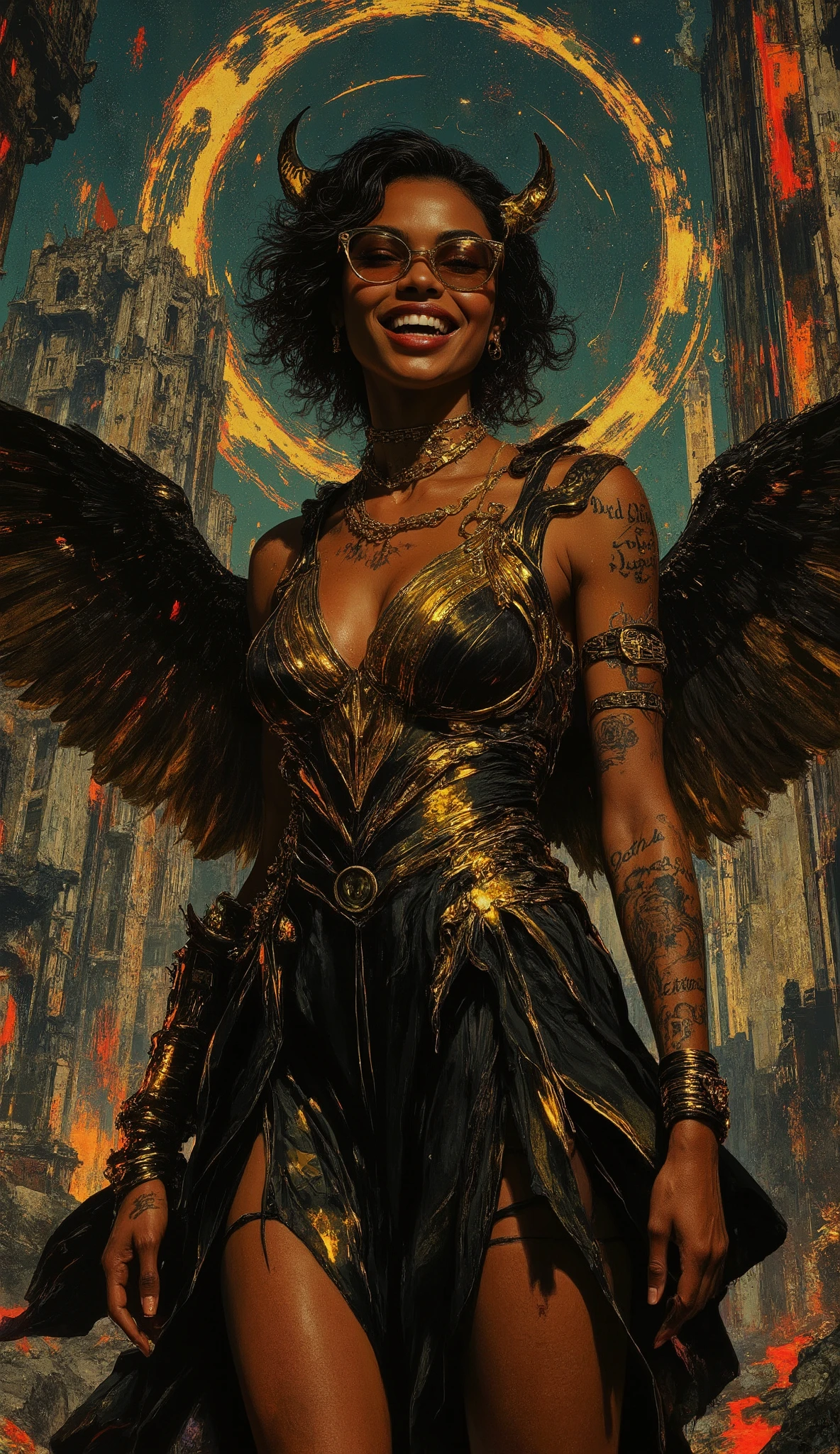 She is a predatory angel in the style of Neon glitch mosaic surrealism, we see a photo-realistic bizarre portrait of a beautiful, and Charismatic caucasian half black lady of mixed heritage bearing a large gap toothed infectious smile between dimpled cheeks, graceful yet an outcast, radiating an eldritch aura and mysterious supernatural power. Her deep light golden-brown caramel skin glows with lifelike detail. She stands in a wild avant garde black and gold dress with a skirt that ends at her thighs thats very low cut and nuanced, in a theatrical pose, eyeglasses of superb make that are in a golden and black frame, large round expressive dark eyes, gap-toothed beguiling smile, exuding otherworldly energy. Her form: petite upper body, medium 32C natural breasts, powerful larger arms, trim waist, dramatically wide hips, large round ass, robust long legs. Tattooed script of loved ones on arms and chest; unfinished bowtie tattoos on thick thighs. Around her, swirling tendrils of shadow and iridescent light evoke an ancient cosmic power, casting ethereal light and mysterious symbols. In the somber, moody background, crumbling ancient wonders and modern facades meld in cool tones, surreal textures, gothic opulence and bold dramatic lighting. Intricate, high-fashion details inspired by McQueen, Mugler, and Gaultier. She is enveloped in a haunting, melancholic glamour—chosen, enchanting, blending history, futurism, and eldritch magic in a cinematic ArtStation illustration.