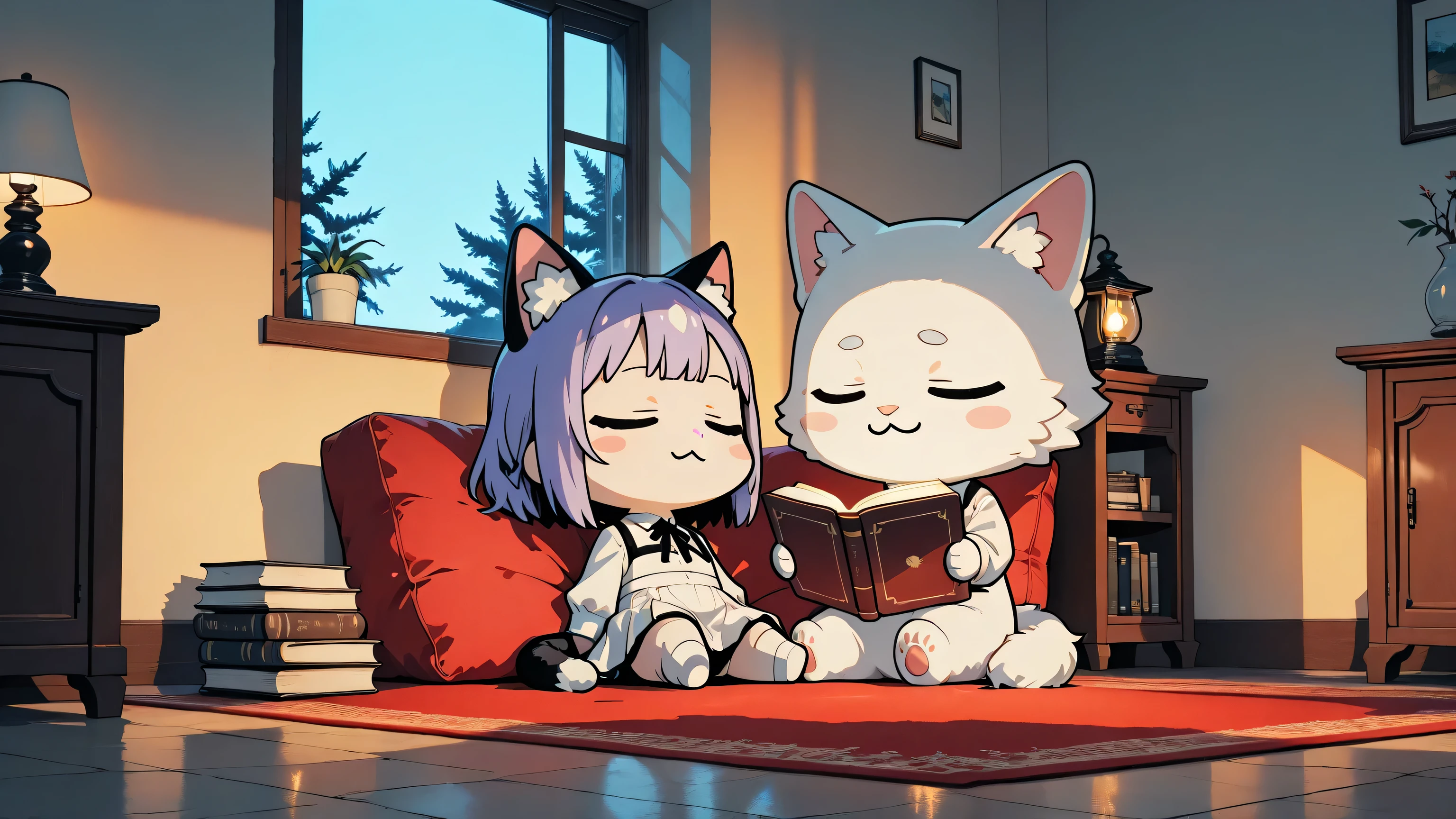 Chibi,(chibi:1.4),A cozy cat-girl with soft cat ears and a fluffy cat tail, sitting on a warm red carpet while reading a book. The room is softly illuminated with gentle warm ambient lighting, creating a calm and comforting atmosphere without any visible lamps or light sources. Beside her is a small stack of books and a single cup of coffee. On the side of the room, a large window reveals a snowy twilight scene — a soft purple-blue sky, gentle snow falling, and the faint glow of dusk. The warm interior contrasts beautifully with the cool, serene evening outside. Highly detailed, soft ambient light, warm tones, anime-style illustration.