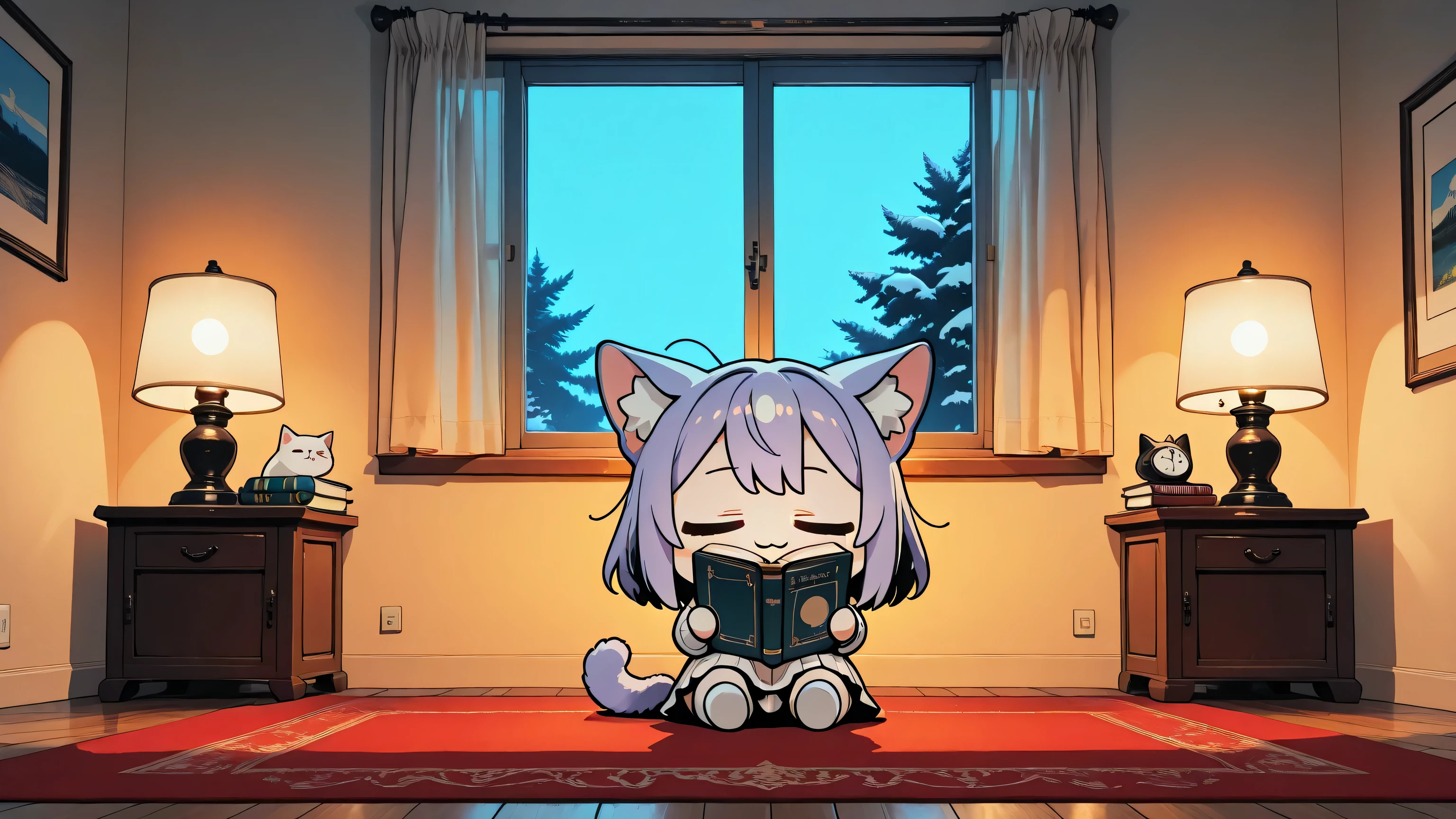 Chibi,(chibi:1.4),A cozy cat-girl with soft cat ears and a fluffy cat tail, sitting on a warm red carpet while reading a book. The room is softly illuminated with gentle warm ambient lighting, creating a calm and comforting atmosphere without any visible lamps or light sources. Beside her is a small stack of books and a single cup of coffee. On the side of the room, a large window reveals a snowy twilight scene — a soft purple-blue sky, gentle snow falling, and the faint glow of dusk. The warm interior contrasts beautifully with the cool, serene evening outside. Highly detailed, soft ambient light, warm tones, anime-style illustration.