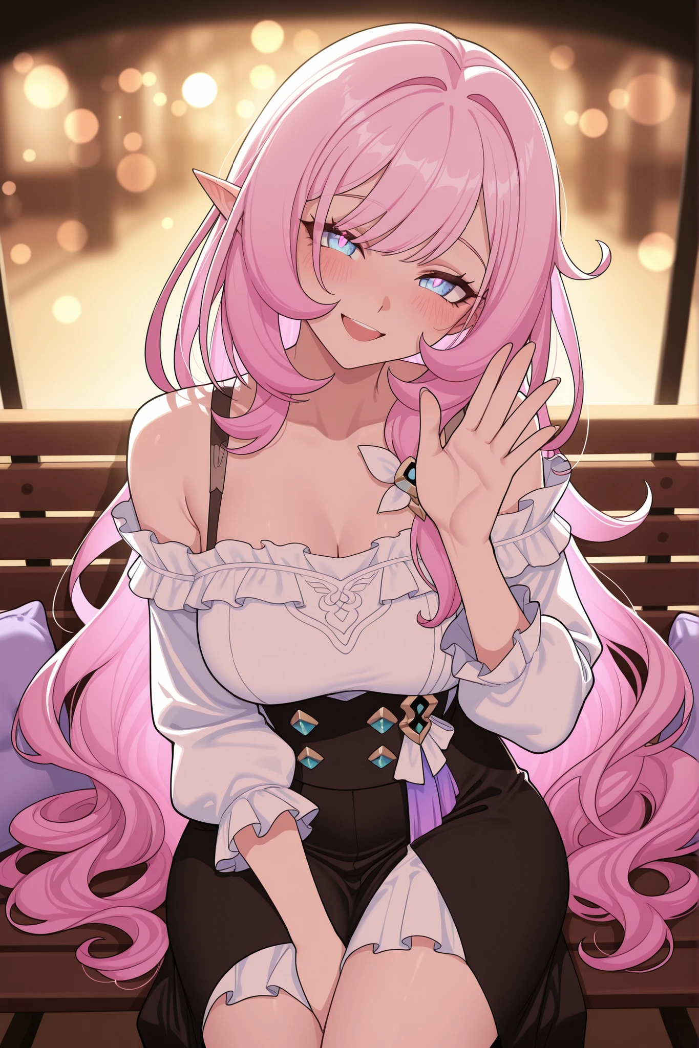 elysia_\(honkai_impact\), Mullon art style, high quality, masterpiece, best quality, 1girl, solo, gradient long straight hair let down, blush, bokeh light, score_9, score_8_up, score_8, 1girl, hair let down, long straight hair, pink and white gradient hair, smile, looking at viewer, viewer pov, wavy hair, ((hair let down)), ((straight long hair)), ((wavy hair)), Elysia from Honkai Impact 3rd, long hair, delicate facial features, natural skin texture, laughing, looking at viewer, professional stylist outfit, off-shoulder beige blouse with high-waisted satin midi skirt, delicate jewelry, sitting on a plush café bench, hugging a soft cushion while slightly leaning to the side, soft warm lighting enhancing the cozy atmosphere, blurred background of café decor and stylish customers, fashionable simple design, face focus, masterpiece, best quality, ultra quality, high detailed, evening time, one hand waving