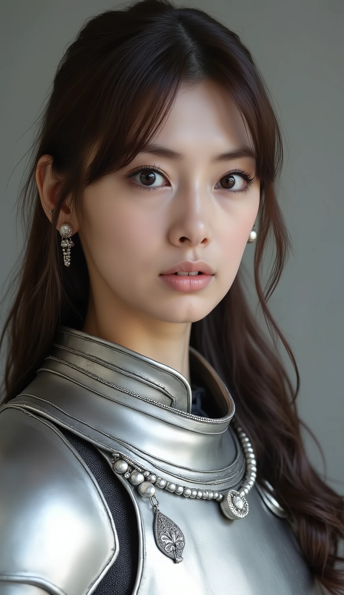 neat young woman wearing luxurious silver armor、、female knight、、、ear piercings、looking at camera、looking directly in front、前髪あり、無表情、口を閉じている、への字口、face close-up、grey background、

