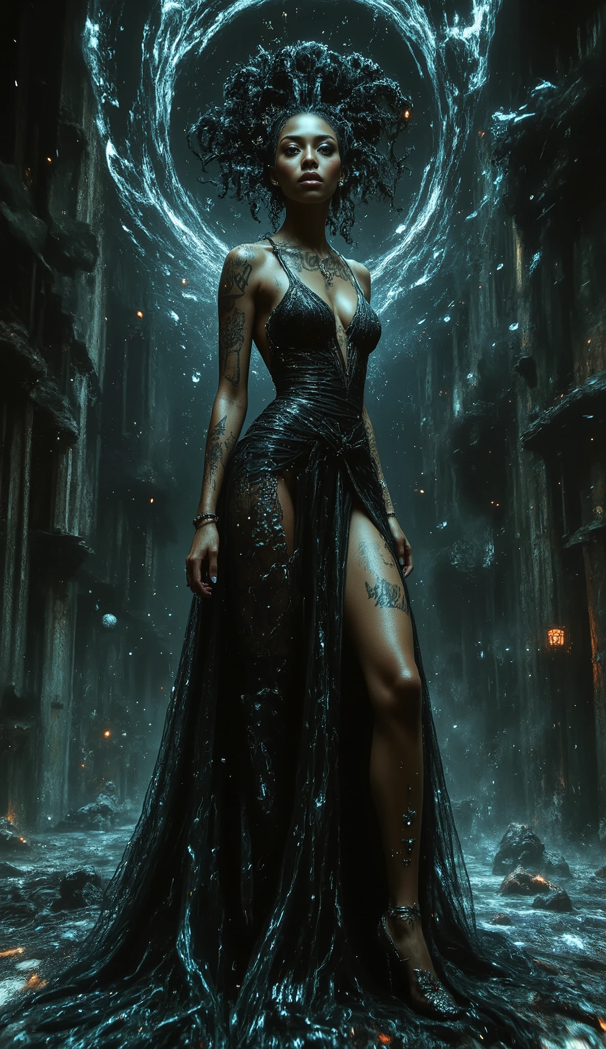 Impressionist surrealism, photo-realistic bizarre portrait of a beautiful, majestic caucasian half-Black lady—graceful yet an outcast, radiating eldritch aura and supernatural mystery. Deep golden-brown skin glows with lifelike detail. She stands in a dramatic, avant-garde gothic dress: the gown is non-explicit yet features a daring high slit that reveals her robust, long legs, and an elegant low-cut neckline showing natural cleavage. Her pose is theatrical, with large expressive dark eyes and a gap-toothed beguiling smile exuding otherworldly energy. Her physique is striking, with a petite upper body, medium 32C breasts, powerful larger arms, trim yet slightly thicker waist, dramatically wide thighs, large, round ass. Tattooed script of loved ones on her arms and chest; unfinished bowtie tattoos on thick thighs. Swirling tendrils of shadow and iridescent light evoke ancient cosmic power, casting mysterious symbols and ethereal radiance. The moody background merges crumbling antique wonders and modern facades in cool tones, surreal textures, gothic opulence, and bold lighting. Her high-fashion details draw inspiration from McQueen, Mugler, and Gaultier. She is enveloped in haunting, melancholic glamour—chosen and enchanting—blending history, futurism, and eldritch magic in a cinematic, ArtStation-worthy masterpiece. Waist and thighs a little thicker, ass larger