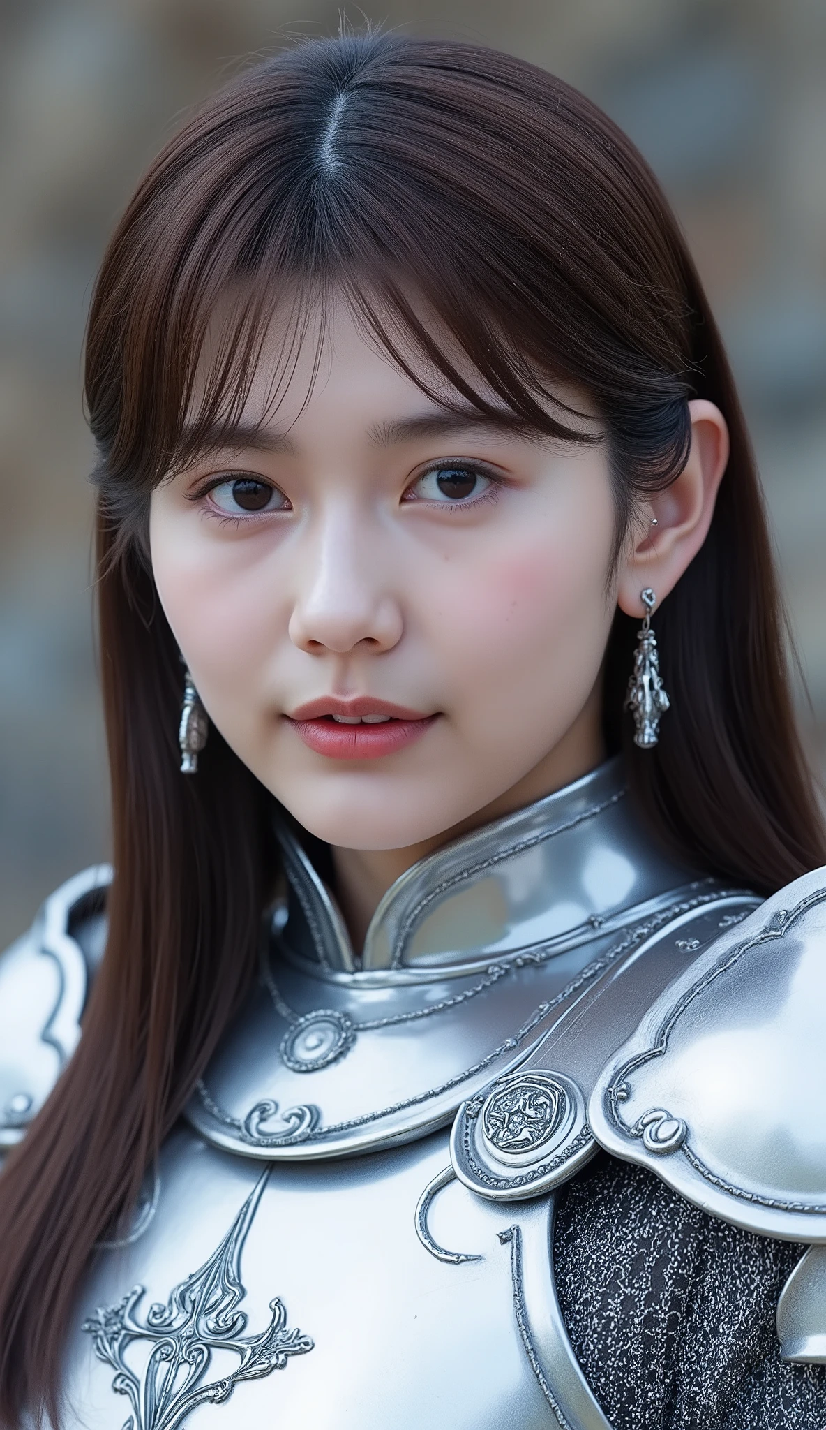neat young woman wearing luxurious silver armor、、female knight、、頭に兜をかぶっている、ear piercings、looking at camera、looking directly in front、怒り顔、口を閉じている、への字口、、、face close-up、grey background、