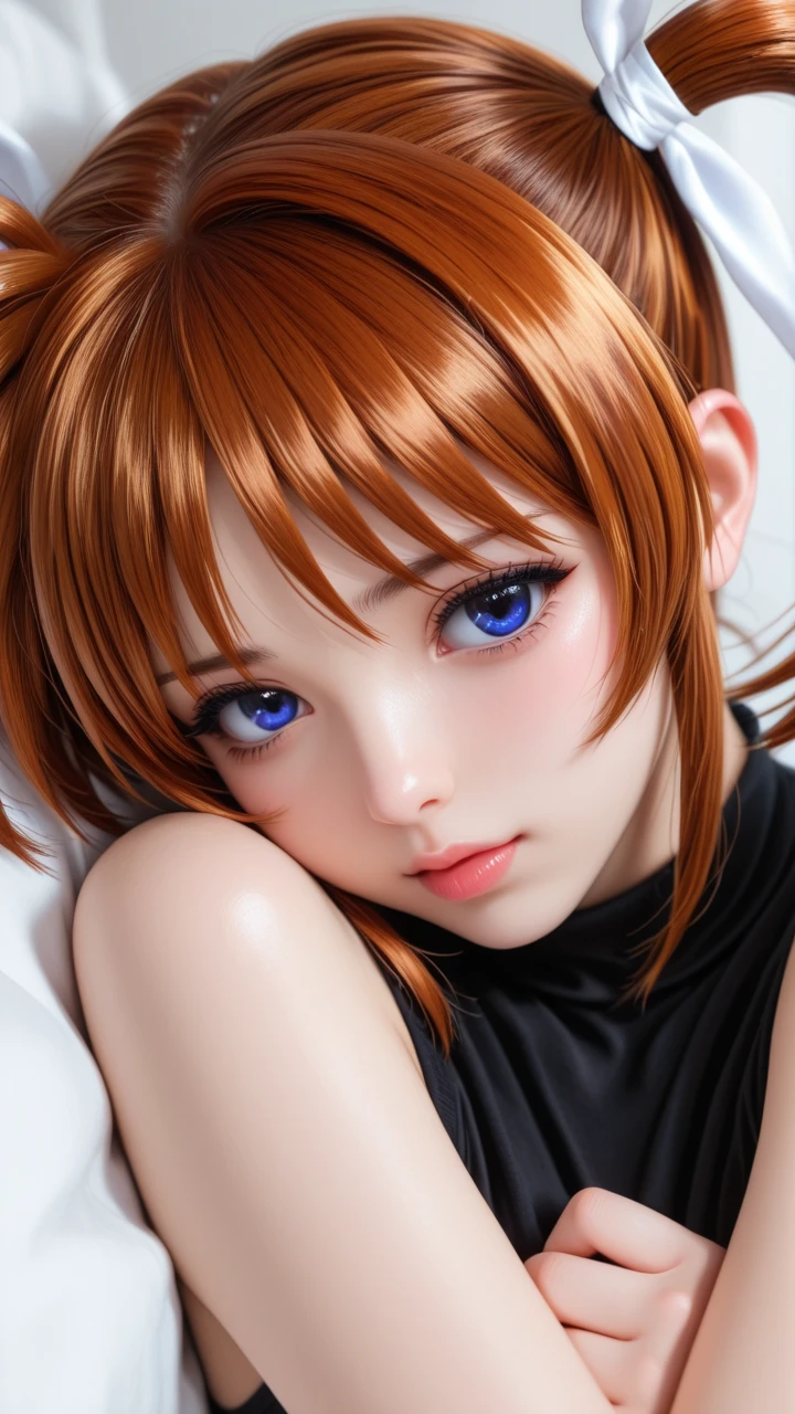Goddess Woman, 30 years, orange hair, adult, black body, white skirt and bolero, saliva, excited, , soft ligth, parted lips, face detail, from above, fingers --style realistic-imagine -
