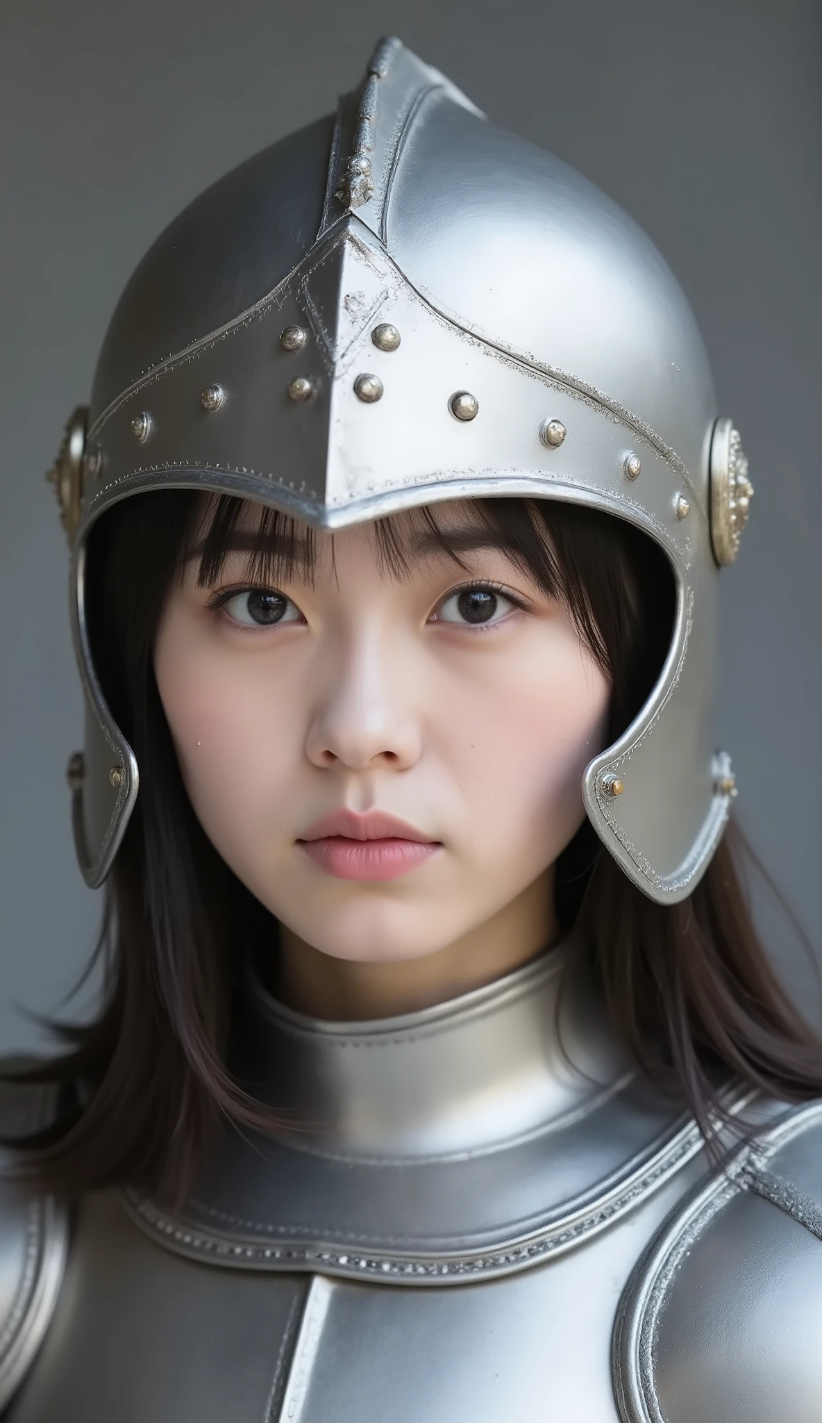 neat young woman wearing luxurious silver armor、、female knight、wears a helmet on his head、full-face helmets、、、looking at camera、looking directly in front、、、face close-up、grey background、