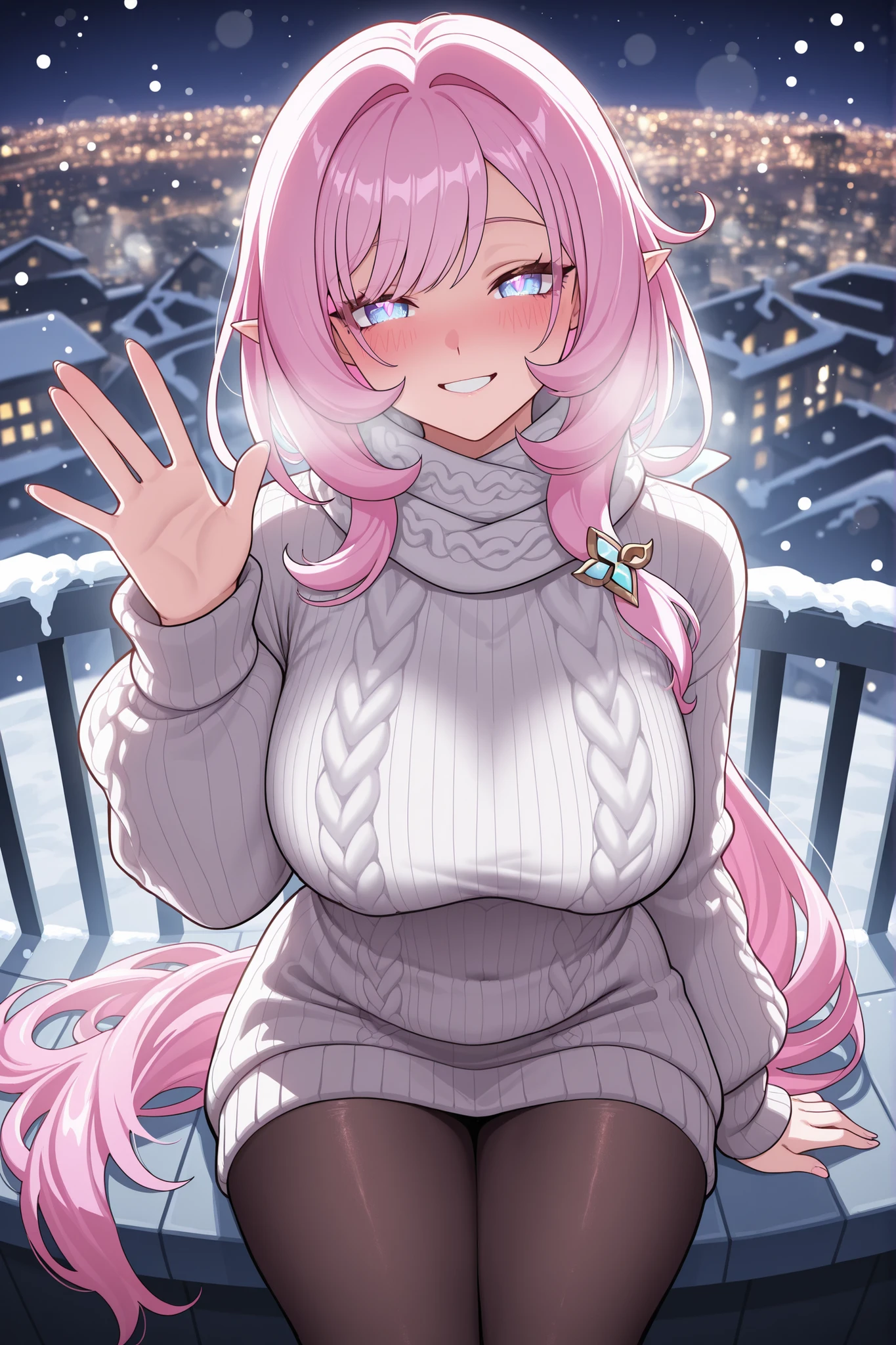 high quality, masterpiece, best quality, elysia_(honkai_impact), Mullon art style, 1girl, solo, pink and white gradient long straight hair let down, wavy hair, blush, smiling at viewer, winter evening outfit, pantyhose, chic oversized knit sweater, stylish winter scarf loosely draped, sitting across from viewer in exclusive rooftop winter garden restaurant, fairy lights and heat lamps creating warm glow, one hand waving, snow falling on cityscape backdrop, bokeh light effect, intimate date atmosphere, face focus, score_9, ultra detailed, viewer pov
