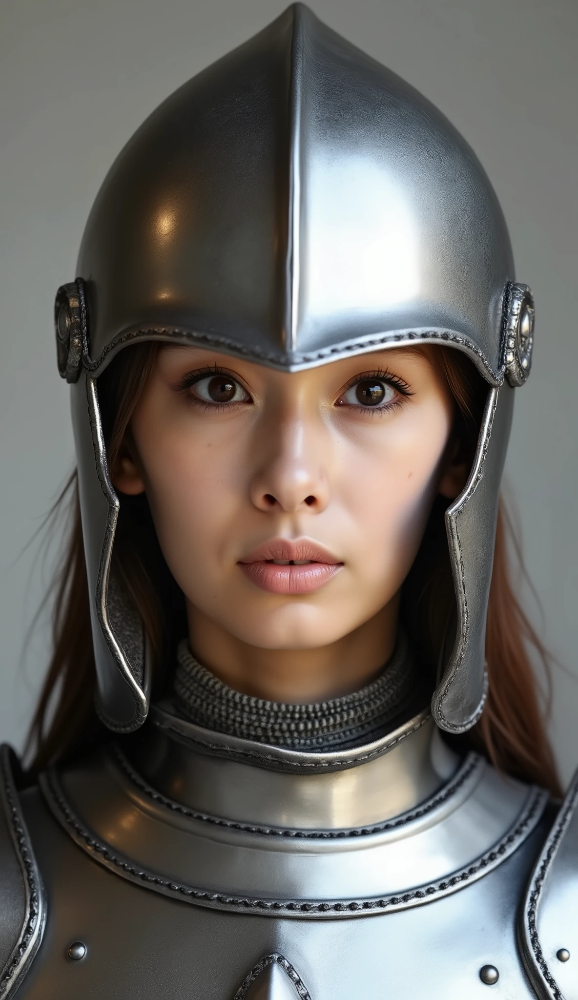 neat young woman wearing luxurious silver armor、、female knight、wears a helmet on his head、full-face helmets、、、looking at camera、looking directly in front、、、face close-up、grey background、

