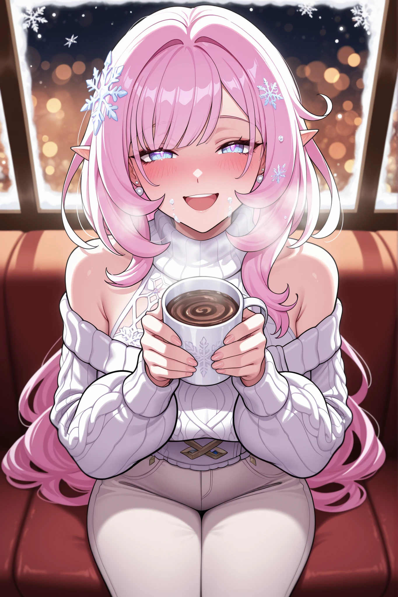 high quality, masterpiece, best quality, elysia_(honkai_impact), Mullon art style, 1girl, solo, pink and white gradient long straight hair let down, wavy hair, blush, delicate facial features, smile, laughing, looking at viewer, viewer pov, natural skin texture, winter evening date outfit, off-shoulder cream cashmere sweater, elegant high-waisted wool pants, pearl earrings, snowflakes in hair, sitting in a cozy winter restaurant booth, warm candlelight illuminating her face, holding a mug of hot chocolate, condensation from her breath visible, snowy evening scene through frosted windows, bokeh lights, romantic atmosphere, face focus, ultra detailed
