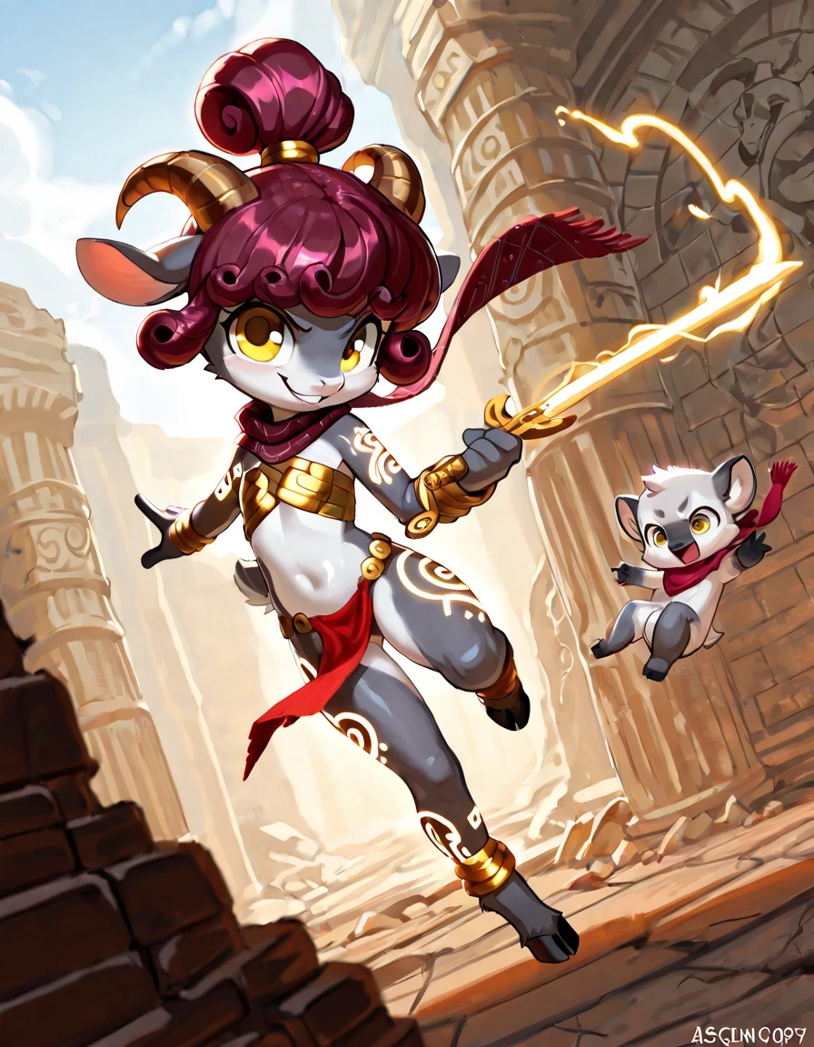 1girl, furry, furry_female, goat_ears, goat_girl,  solo, wearing full body plate armor, gladiator skirt, gladiator sandals, humanoid feet, holding a spear, nosebleed,bloody nose