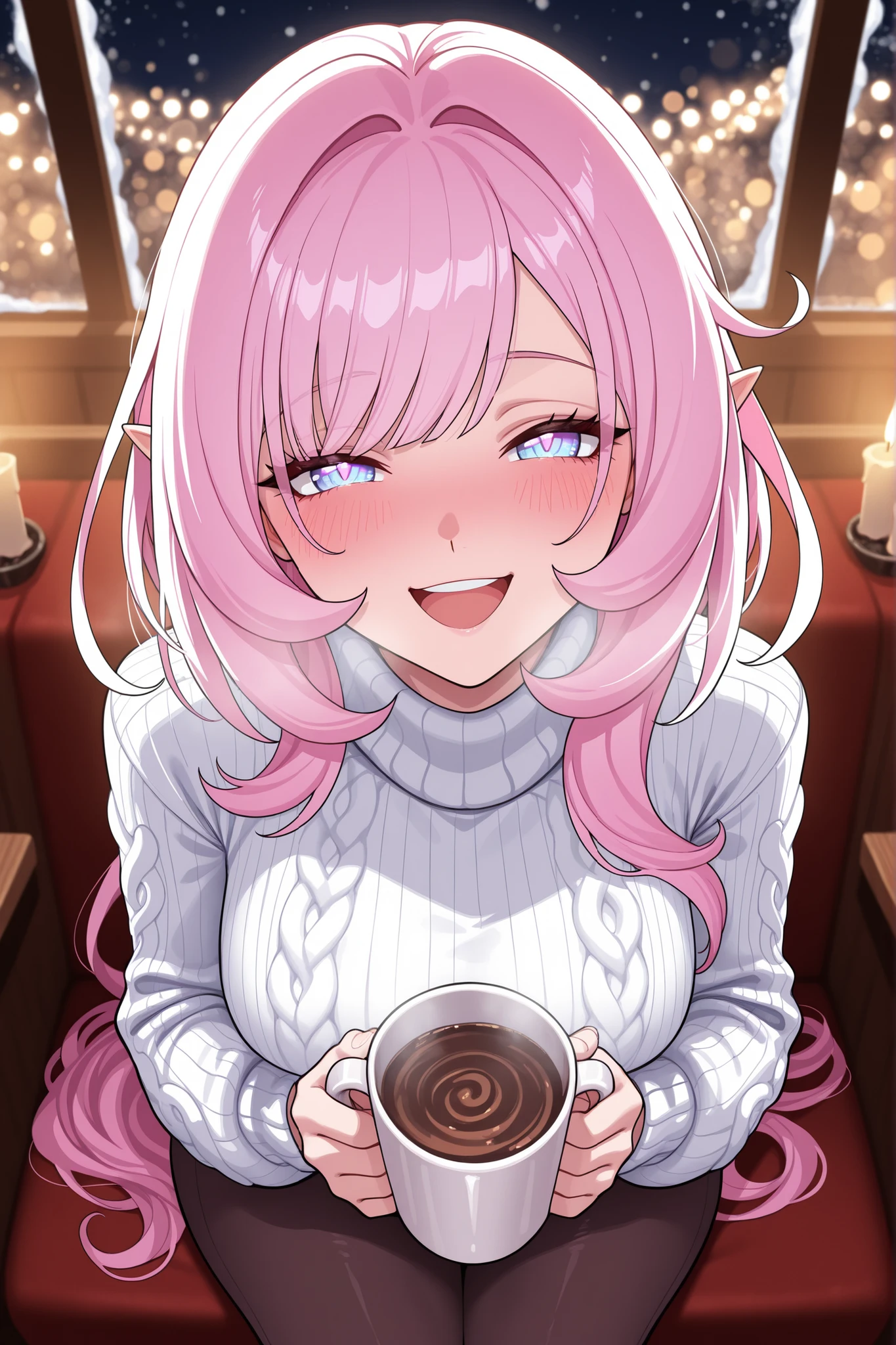 high quality, masterpiece, best quality, elysia_(honkai_impact), Mullon art style, 1girl, solo, pink and white gradient long straight hair let down, wavy hair, blush, delicate facial features, smile, laughing, looking at viewer, viewer pov, natural skin texture, winter evening date outfit, cashmere sweater, elegant high-waisted wool pants, pantyhose, sitting in a cozy winter restaurant booth, warm candlelight illuminating her face, holding a mug of hot chocolate, snowy evening scene through frosted windows, bokeh lights, romantic atmosphere, face focus, ultra detailed