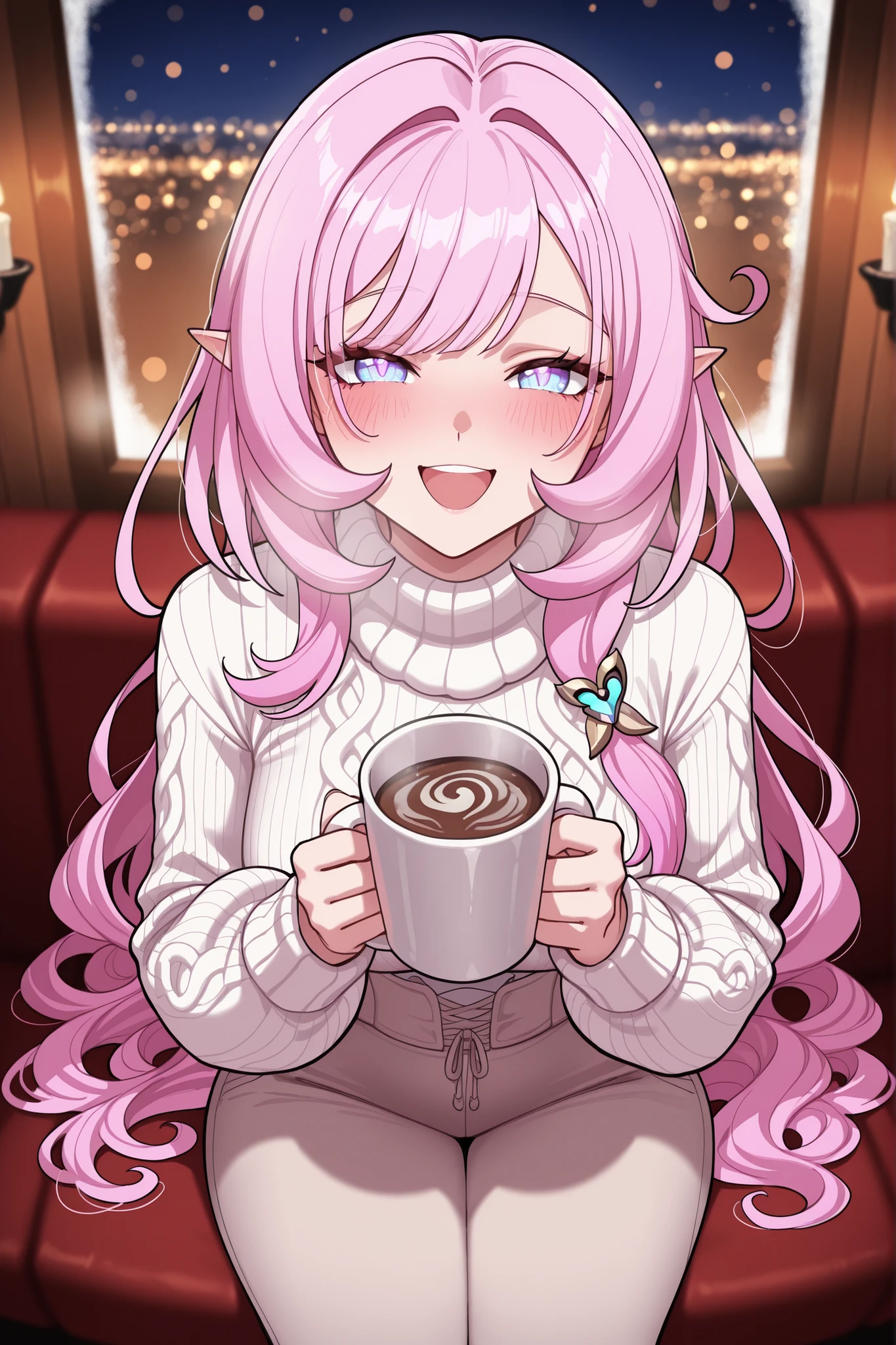 high quality, masterpiece, best quality, elysia_(honkai_impact), Mullon art style, 1girl, solo, pink and white gradient long straight hair let down, wavy hair, score_9, score_8_up, score_8, 1girl, hair let down, long straight hair, pink and white gradient hair, smile, looking at viewer, viewer pov, wavy hair, ((hair let down)), ((straight long hair)), ((wavy hair)), blush, delicate facial features, smile, laughing, looking at viewer, viewer pov, natural skin texture, winter evening date outfit, cashmere sweater, elegant high-waisted wool pants, pantyhose, sitting in a cozy winter restaurant booth, warm candlelight illuminating her face, holding a mug of hot chocolate, snowy evening scene through frosted windows, bokeh lights, romantic atmosphere, view form above, ultra detailed