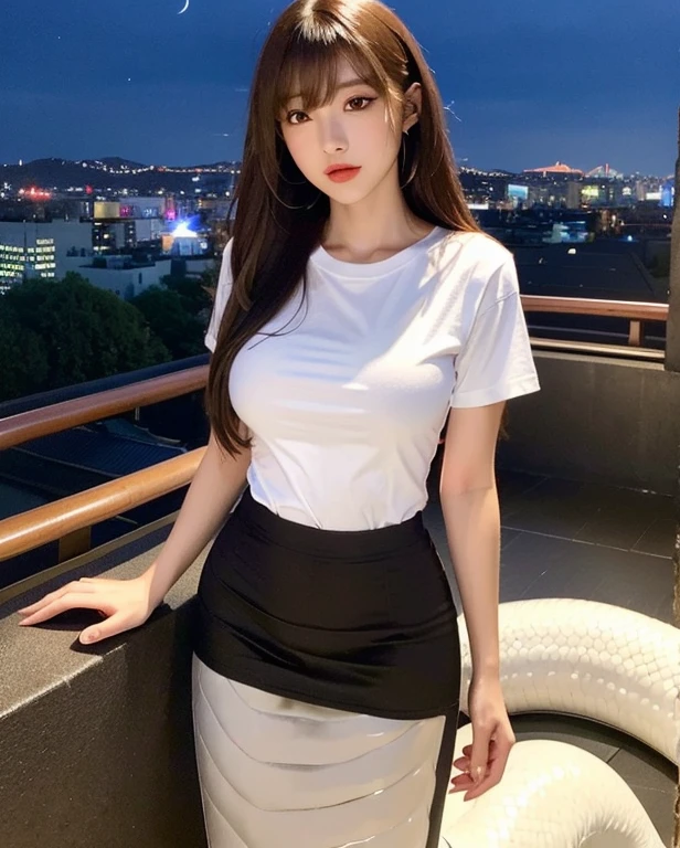 Perfect young female office worker，China，high-definition，masterpiece，Black Hair，Long hair shawl，Long hair spread over shoulders，beach wavy hairstyle，Off-shoulder，clavicle，Delicate face，Hydrating red lips，（（Wear a T-shirt，skirt，Black stockings，Long Legs 16k，stand up，Suzhou gardens，On the bridge，hands hidden behind back，close up，Each one is different