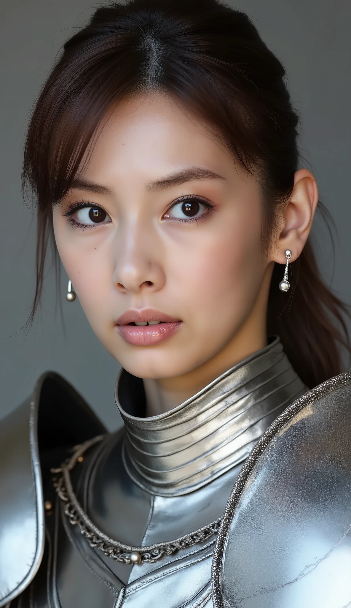 neat young woman wearing luxurious silver armor、、female knight、、、ear piercings、looking at camera、looking directly in front、前髪あり、無表情、口を閉じている、への字口、face close-up、grey background、
