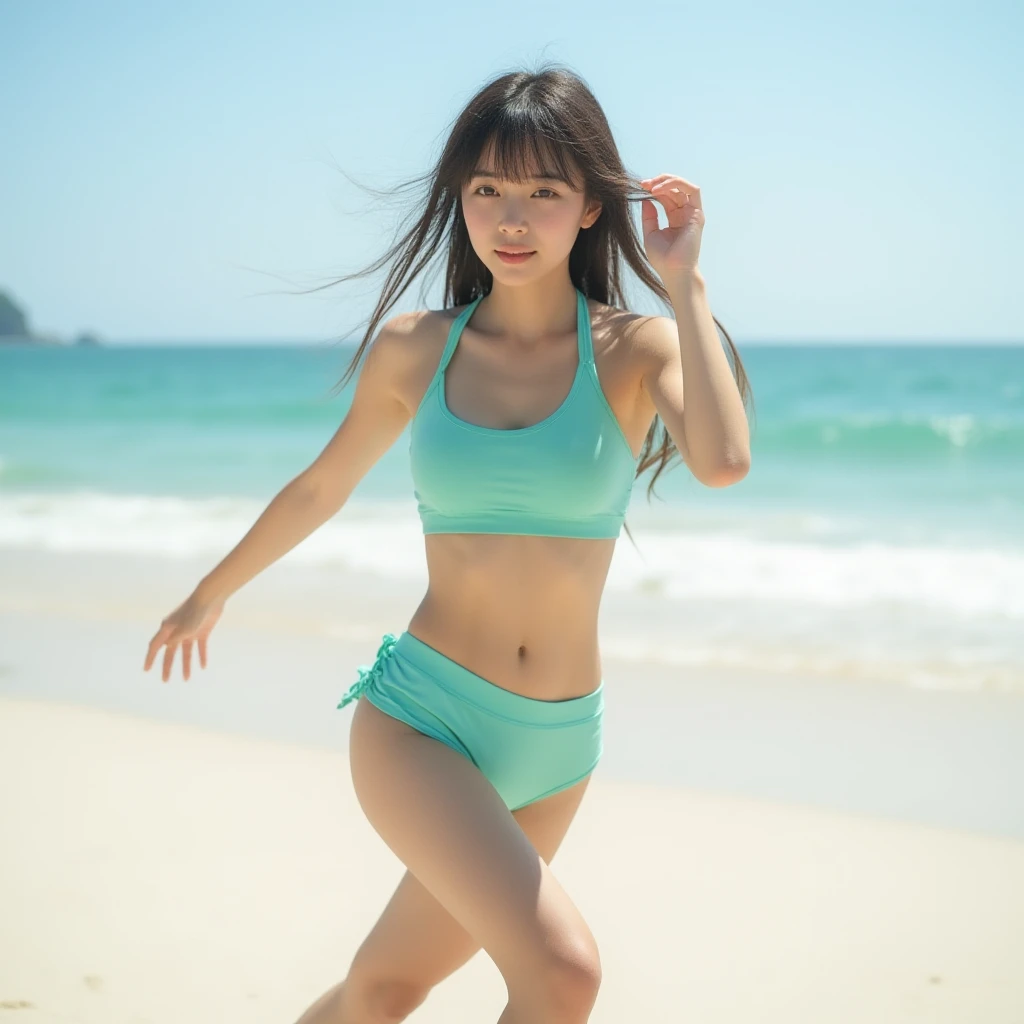 Japanese women、Physical Beauty、Full body portrait、Short Hair、Beach Volleyball、Jump