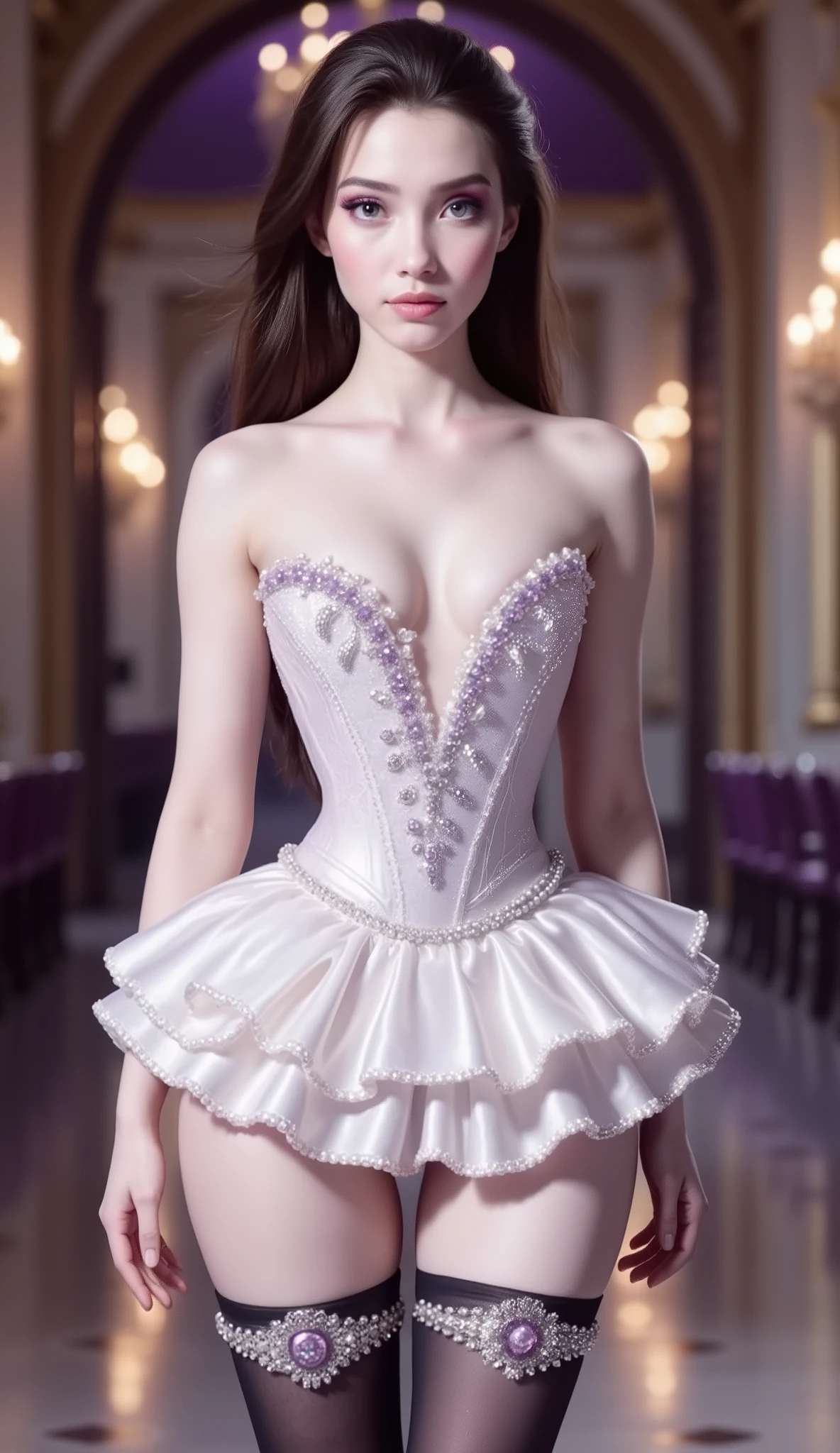 A young woman with long, dark hair stands centrally, gazing directly forward with a neutral expression. She wears an elaborate, strapless white corset adorned with intricate silver and purple beading and sequins, featuring a deep V-neckline. A short, ruffled white skirt with multiple layers flares out from her waist. She has on sheer black thigh-high stockings with ornate, jeweled garters in silver and purple. The background is a grand hall with arched doorways, warm glowing chandeliers, and blurred purple decorative elements, suggesting an opulent interior. The lighting is soft, highlighting her fair skin and the sparkle of her attire.