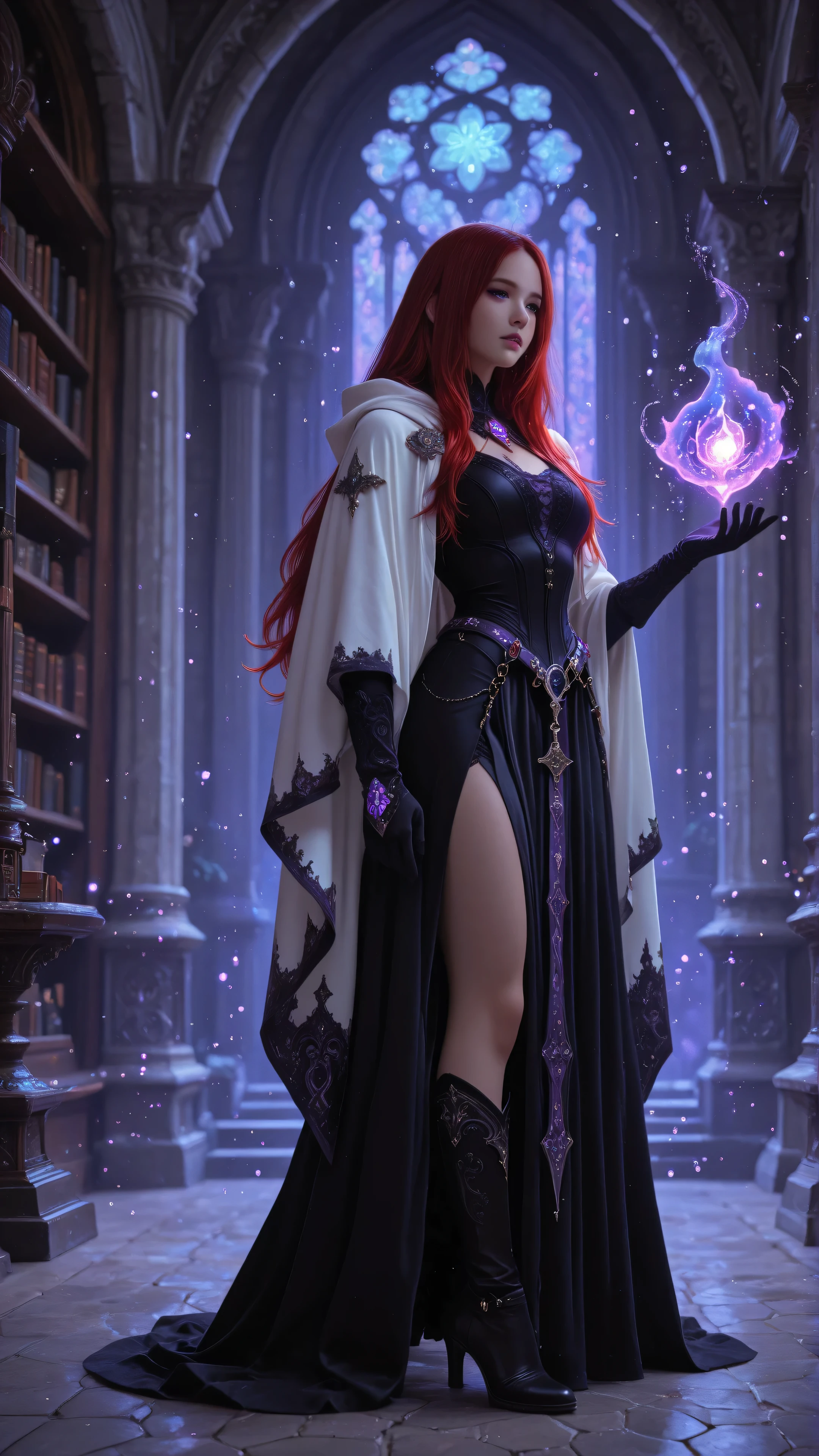 aidmaMJ6.1,Aesthetic_PDXL,,Cinematic Shot,Film Still,Movie Still, a sorceress casting a Glowing Purple spell in magical library , exquisite beautiful human woman , red hair, long hair, long black dress, white cloak, black velvet gloves, magic sigils on the gloves, high heeled boots ultra details, high details, best quality, 16k, ultra detailed, masterpiece, best quality, (extremely detailed), full body, ultra wide shot, fantasy art, dnd art,fantasy art, realistic art, Masterpiece, best quality) Glowing Purple