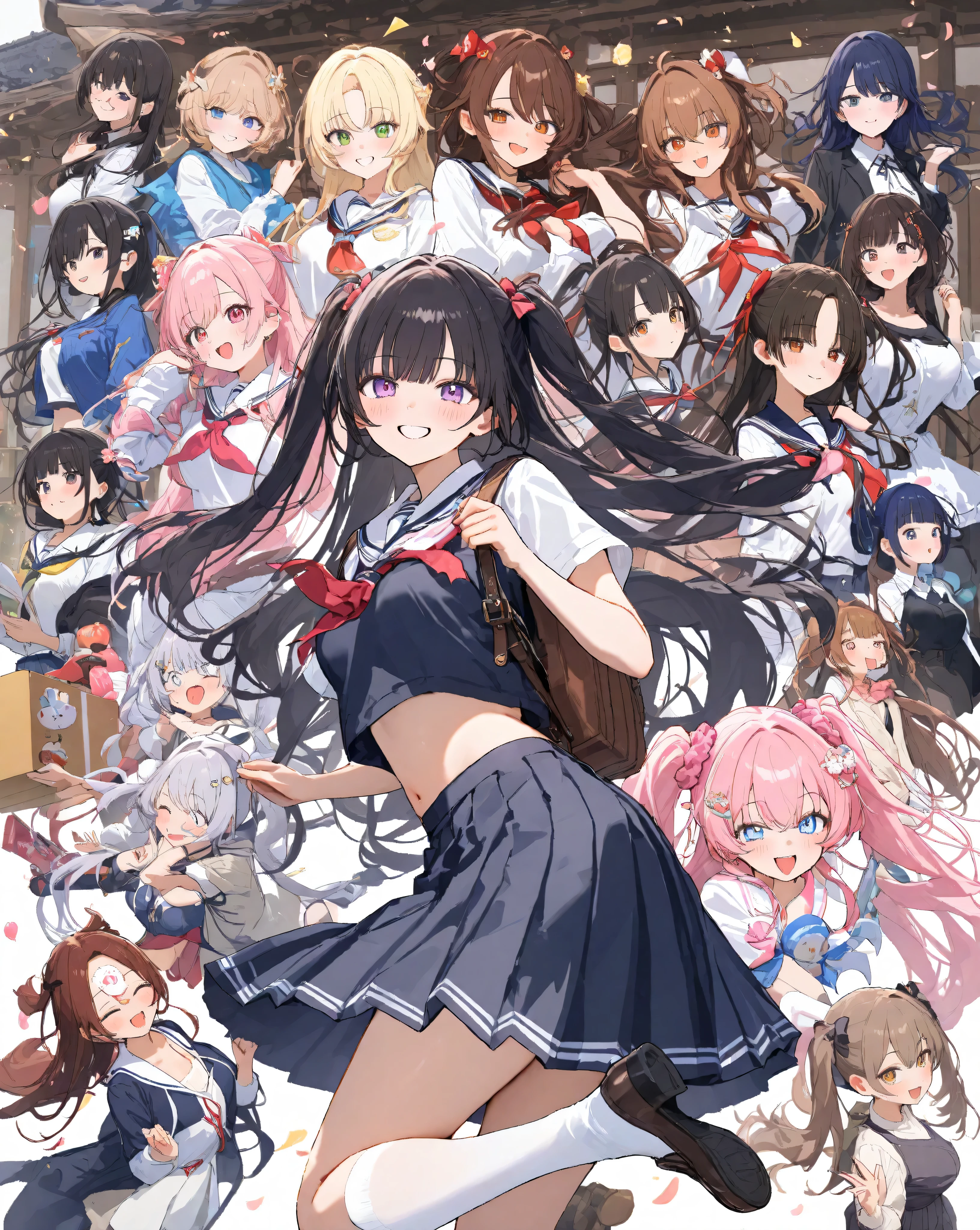 Bustling spring morning in a quaint Japanese suburban neighborhood, 16-year-old bubbly high school girl radiating infectious energy and youthful exuberance, her heart-shaped face glowing with a wide-open grin revealing perfect white teeth and subtle dimples, large sparkling doe eyes crinkled in delight under long fluttery lashes, rosy apple cheeks flushed from the crisp air, shoulder-length chestnut brown hair in playful twin ponytails bouncing rhythmically with pink scrunchies that catch the light, stray strands whipping across her forehead like excited flags; she's dressed in a impeccably crisp navy blue sailor fuku uniform—starched white collar with bold red neckerchief tied in a perfect bow that sways gently, short-sleeved blouse hugging her slender frame with subtle pleats at the shoulders, pleated navy skirt mid-thigh length billowing outward in a dynamic swirl revealing glimpses of white knee-high socks with tiny blue stripes, polished black loafers kicking up tiny dust motes from the gravel path; one hand pumps the air in an enthusiastic fist while the other grips the strap of her oversized tartan-patterned backpack stuffed with books and a bento box, straps digging slightly into her shoulder creating faint creases on her blouse fabric; she's mid-stride in a light jog, right leg extended forward with knee bent dynamically, left foot pushing off the ground creating a subtle motion blur on the hem of her skirt, capturing pure unbridled motion and freedom; surrounding her, a winding cobblestone path lined with ancient stone lanterns and overflowing cherry blossom trees in full pink riot—petals cascading like soft confetti in a gentle breeze, some clinging to her hair and uniform like ephemeral jewels, others swirling in eddies around her ankles; in the background, traditional tiled-roof houses with sliding shoji screens partially open revealing hints of tatami mats and hanging laundry, a distant school gate with torii arch under azure sky dotted with wispy cirr