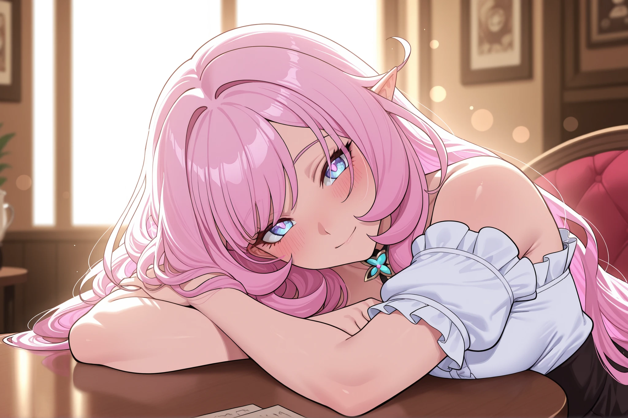 elysia_\(honkai_impact\), Mullon art style, high quality, masterpiece, best quality, 1girl, solo, gradient long straight hair let down, blush, bokeh light, score_9, score_8_up, score_8, 1girl, hair let down, long straight hair, pink and white gradient hair, looking at viewer, viewer pov, wavy hair, ((hair let down)), ((straight long hair)), ((wavy hair)), Elysia from Honkai Impact 3rd, long hair, delicate facial features, natural skin texture, professional stylist outfit, off-shoulder beige blouse with high-waisted satin midi skirt, delicate jewelry, sitting on a plush café bench, hugging a soft cushion while slightly leaning to the side, soft warm lighting enhancing the cozy atmosphere, blurred background of café decor and stylish customers, fashionable simple design, face focus, masterpiece, best quality, ultra quality, high detailed, evening time, table, on the table