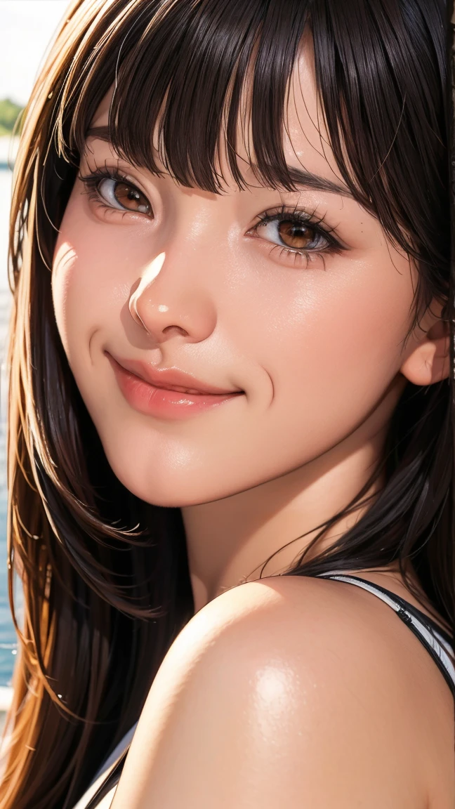 (UHD, retina, masterpiece, accurate, anatomically correct, textured skin, super detail, high details, high quality, best quality, high res, 1080P, HD, 4K, 8k, 16k), (beautiful detailed eyes, beautiful detailed lips, extremely detailed eyes and face), soft lighting, physically-based rendering, vivid colors, (:1.5), (portrait, shiny hair, shiny skin), eye reflection, (bokeh, moonlight:1.5), (smile and laugh, bangs:1.5), semi-profile view, (from below:1.37),