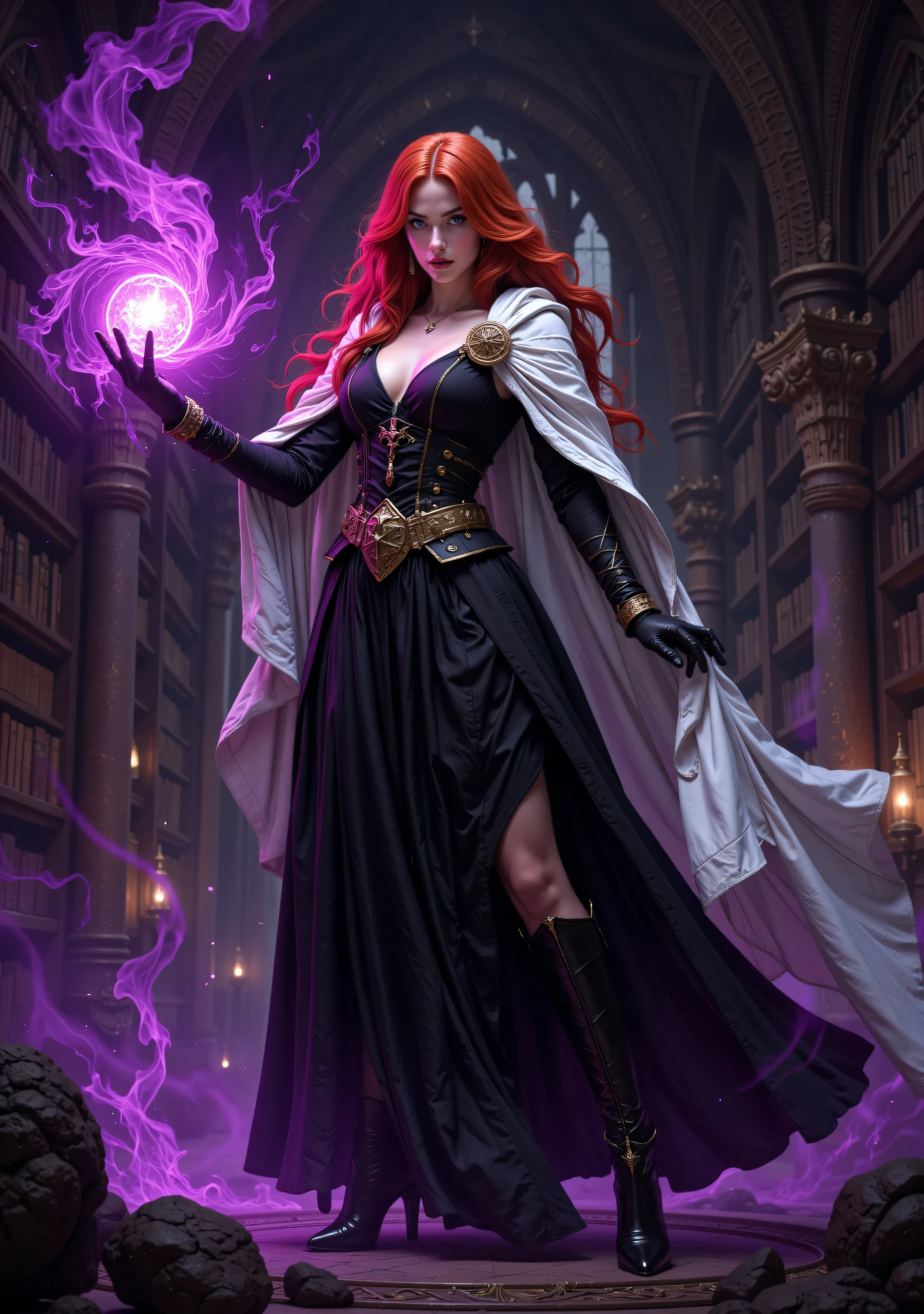 aidmaMJ6.1,Aesthetic_PDXL,,Cinematic Shot,Film Still,Movie Still, a sorceress casting a Glowing Purple spell in magical library , black velvet gloves, magic runes on the gloves exquisite beautiful human woman , red hair, long hair, long black dress, white cloak, , high heeled boots ultra details, high details, best quality, 16k, ultra detailed, masterpiece, best quality, (extremely detailed), full body, ultra wide shot, fantasy art, dnd art,fantasy art, realistic art, Masterpiece, best quality) Glowing Purple