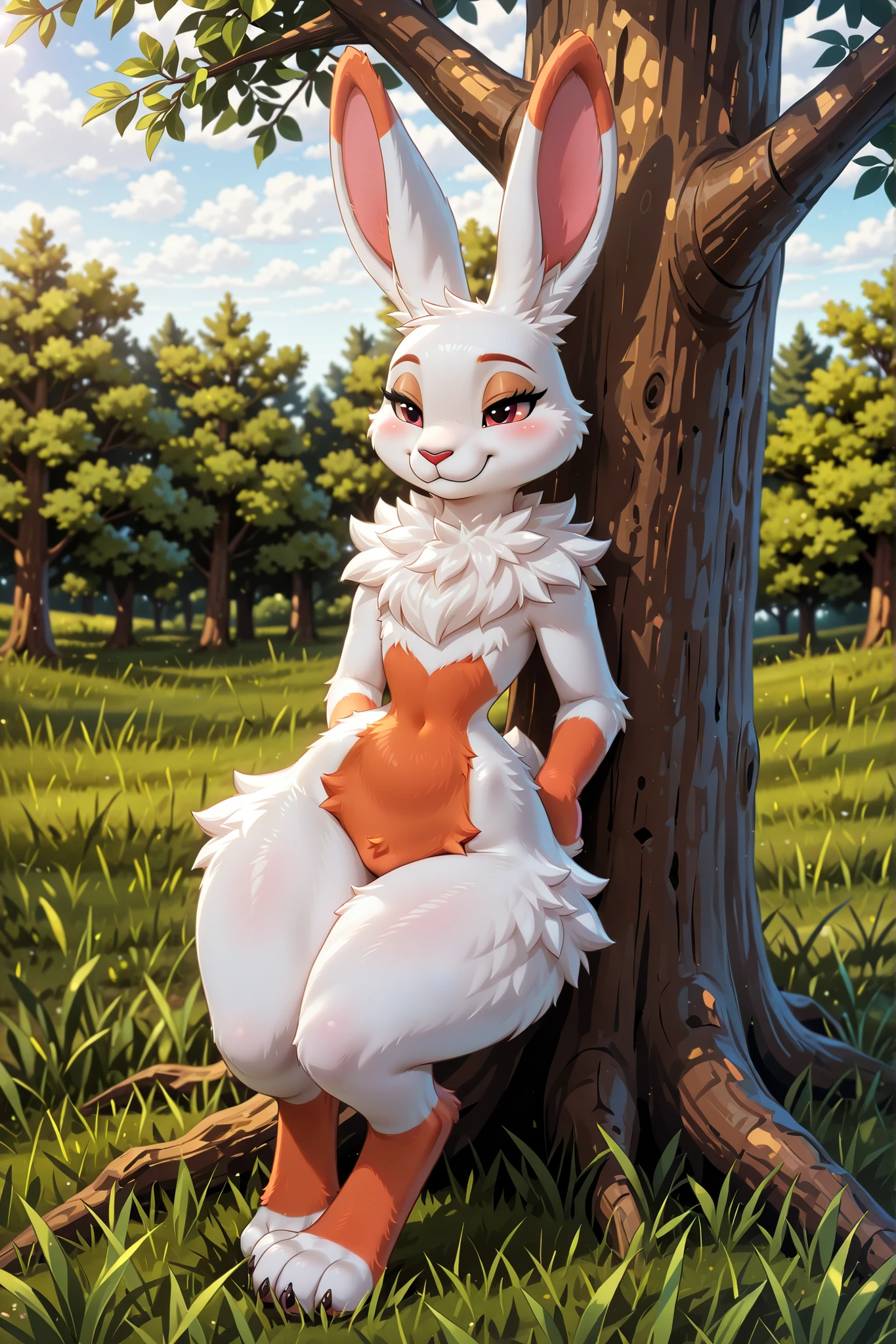 anthropomorphic hare, full body, character design, digitigrade legs, double-joint bend, paw feet, pear-shaped torso, white fur, long ears, animal snout, (three-quarter view:1.4), upright posture, clean lines, high detail, (Disney style:0.8), 2.5D style, digital art, stocky build, chunky, thick thighs, sturdy, compact body, short legs, plump, soft body, (powerful hindquarters:1.4), (full thighs:1.4), (developed quadriceps:1.3), (rounded hamstrings:1.3), (softly defined glutes:1.2), (small hips:1.5), (no waist:1.5), natural spinal curvature, (dreamy expression:1.2), (heavy-lidded eyes:1.2), (relaxed facial muscles:1.1), (peaceful expression:1.1), (expression limited to face only:1.2), official art, extremely fluffy, fluffy fur, fuzzy texture, soft appearance, (8k:1.3), high quality, ultra detailed, high definition, professional artwork, cinematic render, studio quality, crisp details, (masterpiece:1.2), sharp focus, soft lighting, natural setting, (character on grass in forest:1.4), (background: widely spaced trees:0.8), (distant scattered trees:0.4), (sky with clouds:0.3), grass field, daylight, depth perspective, tree spacing