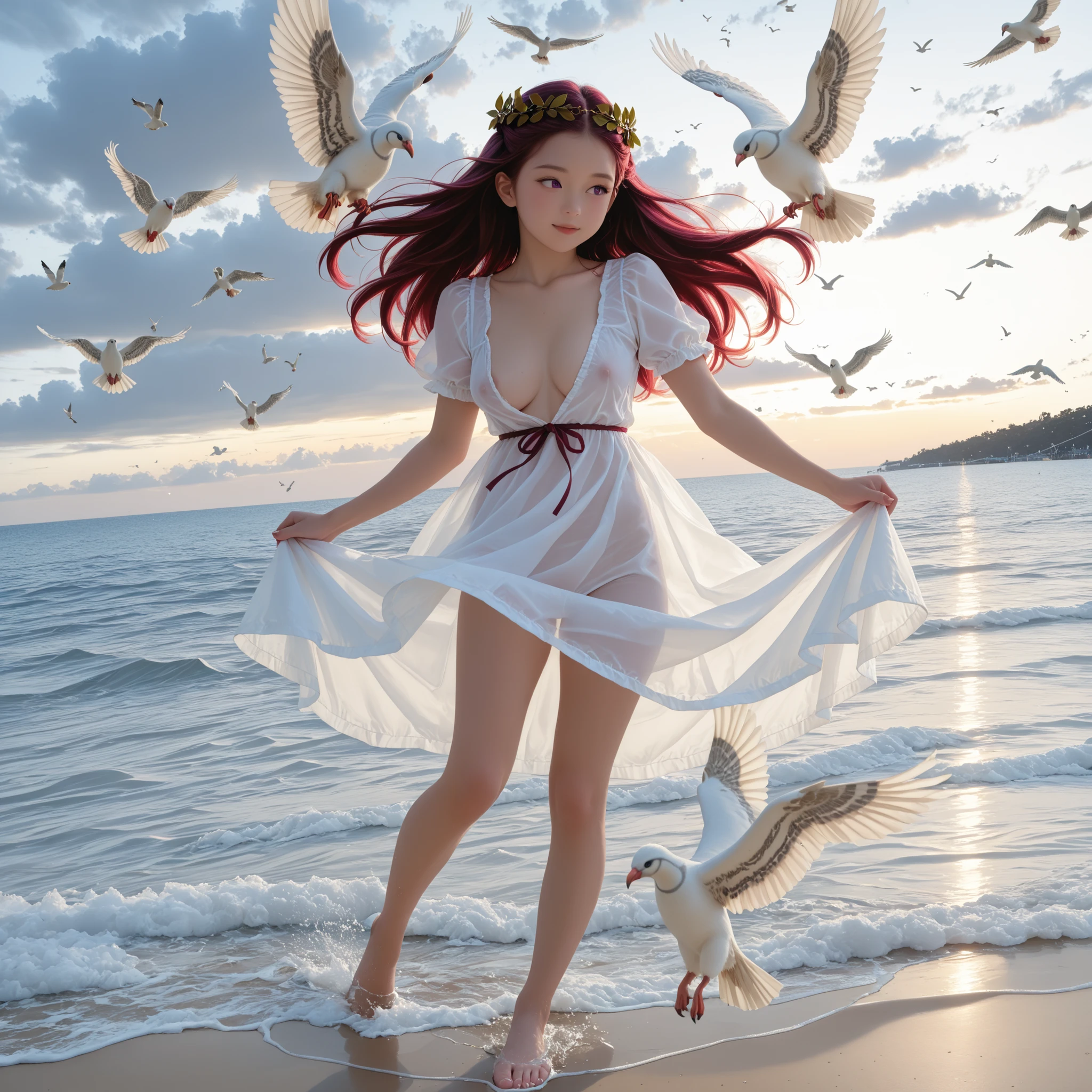 ultra sharp, 8k, Canon R5, 85mm f/1.2 lenses, Clean Exposure, Cinematic depth of field. outdoor, Paolo Peregrin's enigmatic atmosphere and Roger Deakins' moody lighting. young girl, with large Angel's pinions (dark long reddish-purple red crimson long hair) (twin-tie hair) look away, (toddler face) infant body shape ((medium breast)) (short limbs) (Laurel wreath) nsfw (((naked))) full body, dewy skin (((lots of white birds flying around the cloudy sky and sea space))) (((lots of white doves flying around))) (deep v neck transparent dress) dramatic low key lighting. Ritualistic. mysterious, shallow depth of field. mysterious魅力, form below, front view, low angle. full body. barefoot