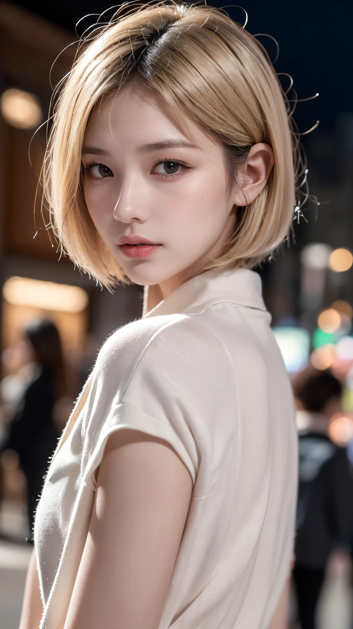 Greatest Masterpiece,((4K image quality,realistic:1.65)), ((flash blonde short bob hair:1.6)),realism,22 years old,((thin body:1.4))maximum resolution,  Top Quality Real Skin  , (from below:1.3) ((Face Closeup,美しく輝くsharpな顔:1.2), very detailed:1.2), (( bright and not blurry ,sharp, Perfectly round, Realistic Dark Color_eye:1.35), very detailed:1.4), detailed lips:1.3, ( quality improvement:1.4), 1.  lady, supermodel , smooth lighting,Japanese woman, (Dark eye), Symmetrical eye, thin lashes, Shaping your eyebrows, natural makeup,detailed skin,detailed lips,Downtown Seoul,with casual outfits and fashion,Shopping Scenery