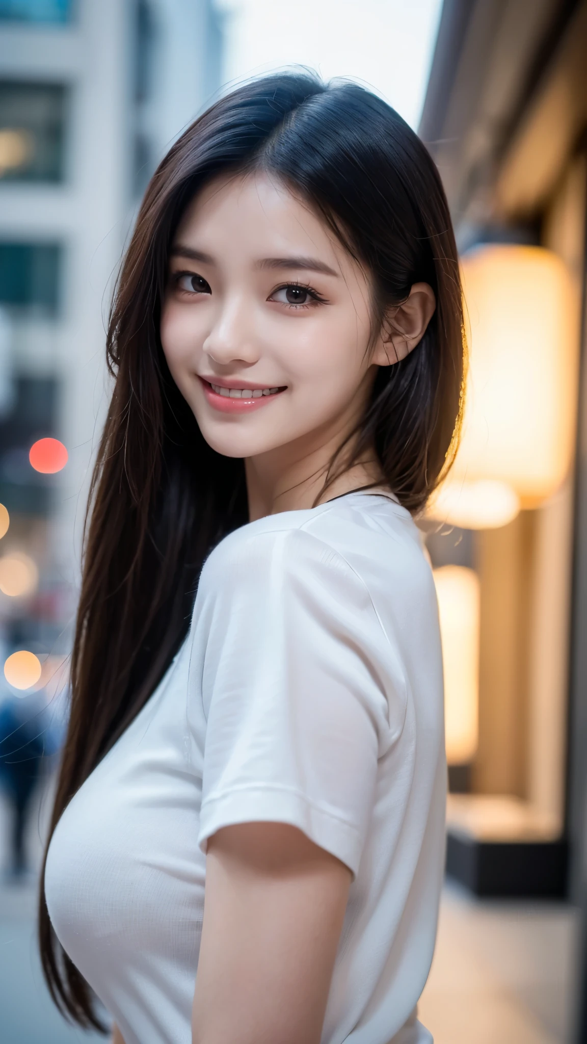 Greatest Masterpiece,((4K image quality,realistic:1.65)), Glossy Long Straight Hair:1.25,realism,22 years old,((thin body:1.4))maximum resolution, Top Quality Real Skin , (from below:1.3) ((Face Closeup,beautiful, shining sharp face:1.2), very detailed:1.2), (( bright and not blurry 、Big Smile Sharp, Perfectly round, Realistic Dark Color_eye:1.35), very detailed:1.4), detailed lips:1.3, ( quality improvement:1.4), 1. lady, supermodel , smooth lighting,Japanese woman, (Dark eye), Symmetrical eye, thin lashes, Shaping your eyebrows, Kpop Idol Makeup,detailed skin,detailed lips,Downtown Seoul,with casual outfits and fashion,Shopping Scenery