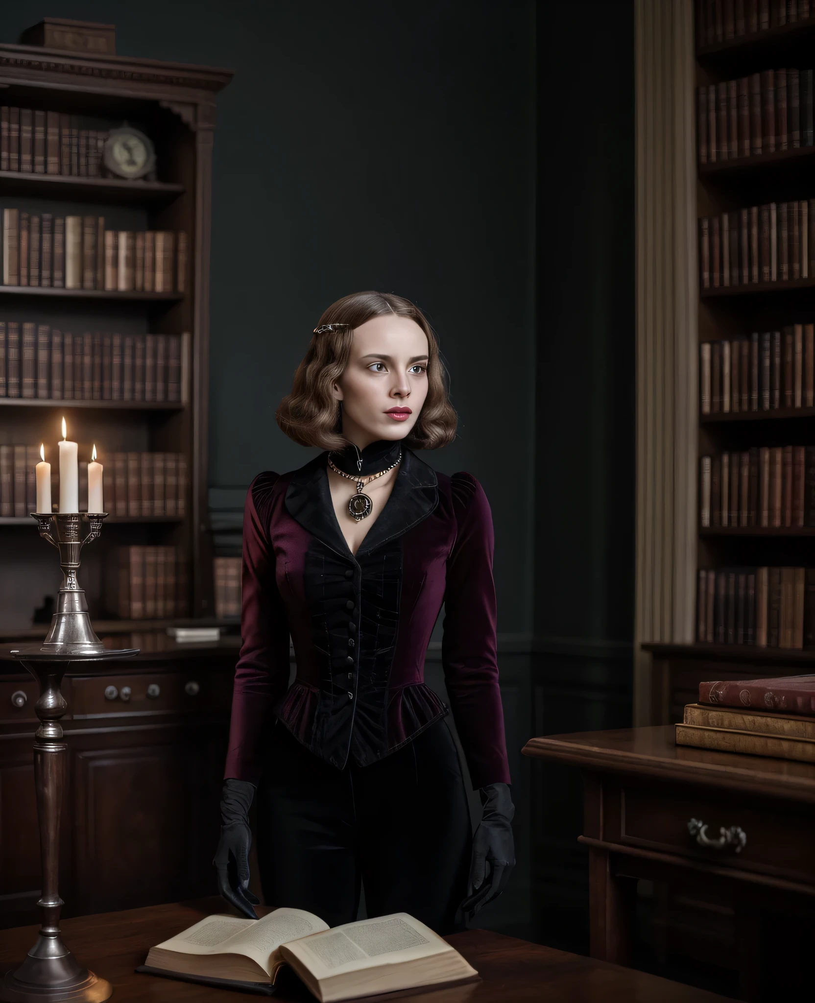 A mysterious figure wearing deep crimson velvet gloves, standing in a candlelit Victorian study. The gloves shimmer softly under the warm light, hinting at hidden power or forbidden knowledge. Bookshelves filled with ancient tomes line the walls, and a silver pocket watch rests on a mahogany desk. The atmosphere is elegant, secretive, and cinematic, with rich textures and dramatic lighting. No violence, only intrigue and sophistication.