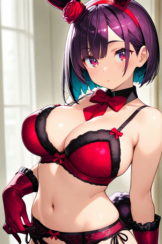 maximum quality, intrincate details, super high resolution, Kirigaya Suguha, short hair, , huge hanging bra, stipping, provocative pose,  body, locker room in the background, switching clothes, precise hands, happy face, black bra, blue , red jacket