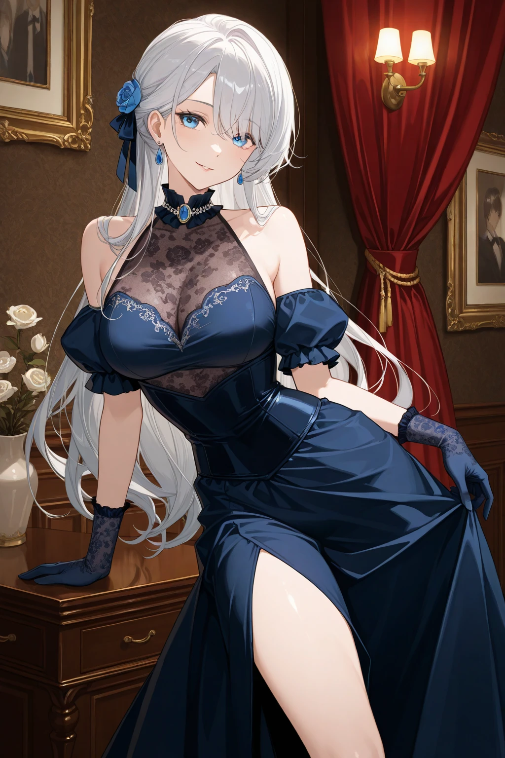 (masterpiece image, very detailed image, best high quality high definition image), solo character
1woman, beautiful swedish woman, milf, fair skin, light blue eyes, wavy blond hair, absolute beauty, aristocrat, wealthy powerful woman, serious face, , voluptuous figure, huge  (headbang bith two flue flowers, silver necklace, white gloves, sleevless, long high society rich blue dress)
Confident demeanor, arms crossed
walking around the red living room