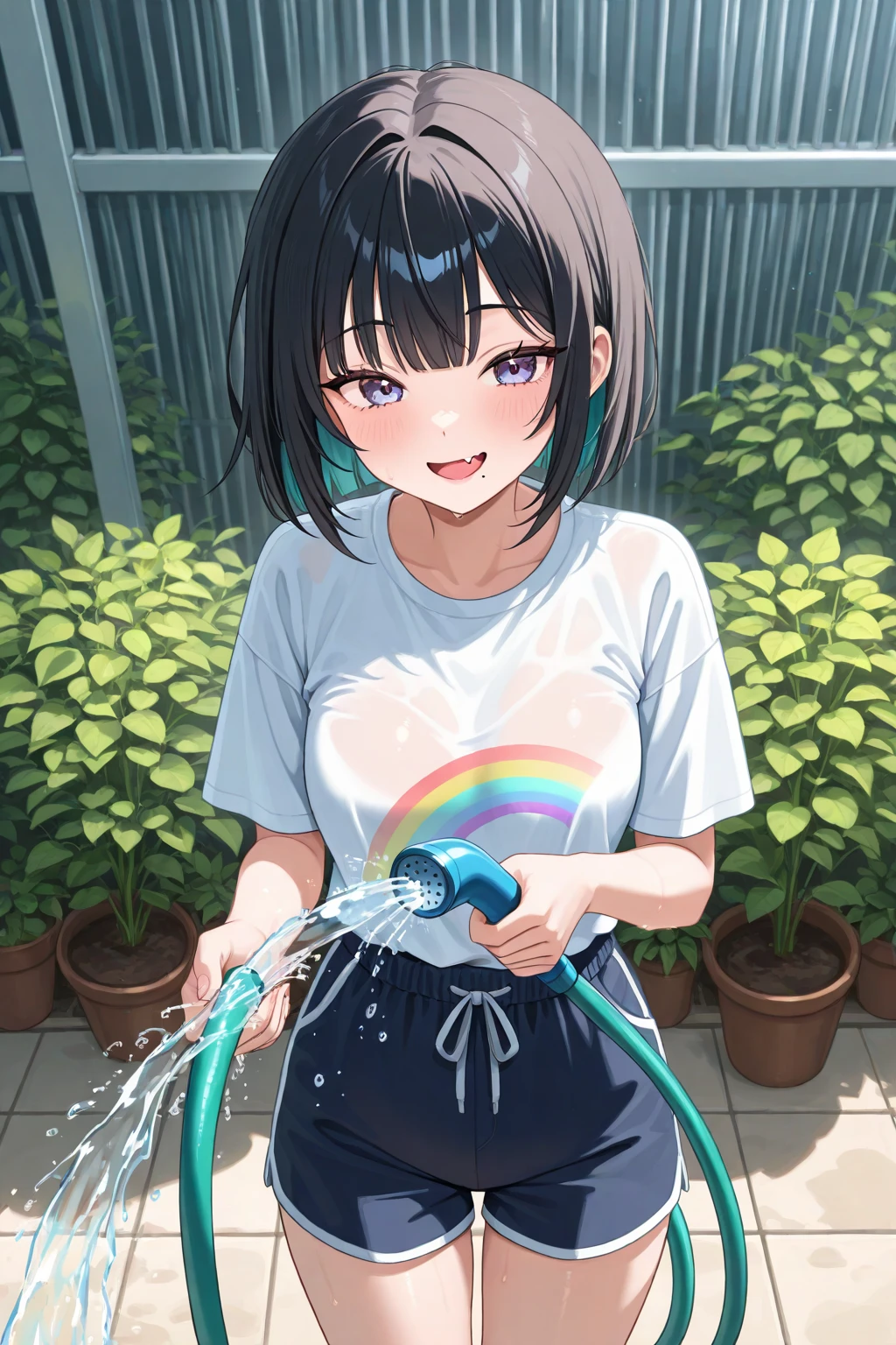 beautiful girl、16 years old、Off the shoulder、School Swimsuit、slouch、Chest、Flat Chest、Poolside、smile、Spraying water with a hose