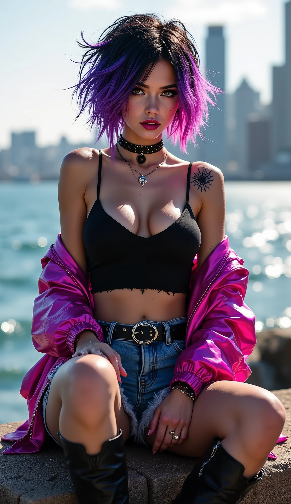 :A striking, dynamic, half-body portrait of a young woman in a punk/goth style, sitting outdoors in an urban setting. She has short, messy, spiky purple and black hair with pink accents. She has large, expressive golden-brown eyes, a smattering of freckles, and a confident expression. She is wearing a black tank top/crop top, ripped denim shorts with a black studded belt, and long black boots. A shiny pink/magenta leather jacket is draped over her shoulders. She is accessorized with a black choker (with a silver charm), bracelets, and a sun/star tattoo on her shoulder. She is seated on concrete blocks next to a body of water (ocean or bay) with a blurred, sunlit city skyline in the distance. The style is a detailed, luminous digital illustration with a strong contemporary aesthetic.