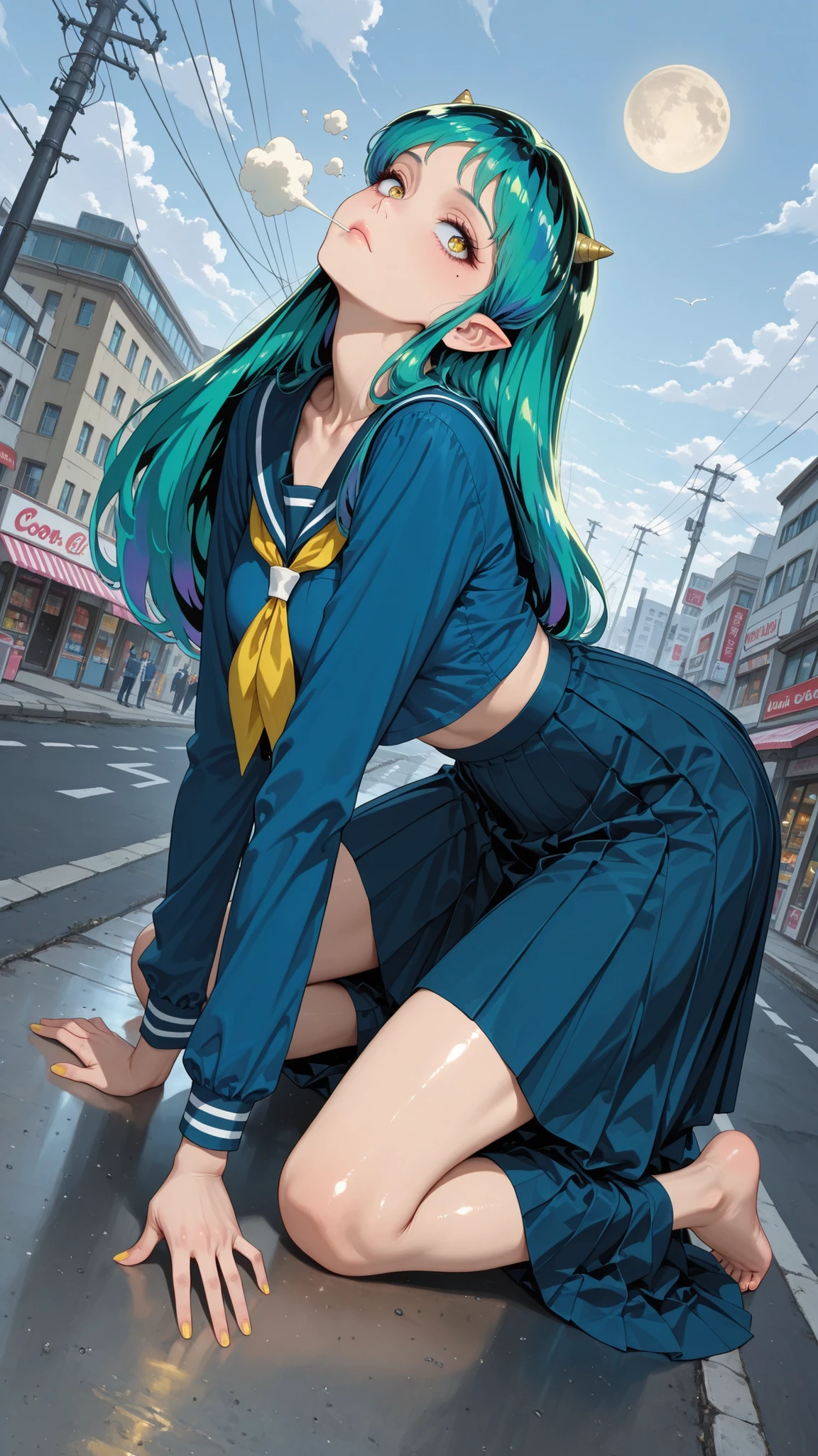 , score_9, score_8_up, score_7_up, score_6_up, score_5_up, score_4_up, Tag 1 , Tags 2, Quality_masterpiece, (masterpiece, details:1.2), 32K, RAW PHOTO 8k Wallpaper, extremely details CG, romantic, beautiful details face, very delicate and beautiful, super fine illustration, intricate details clothes, bizarre things, anatomically correct, beautiful face, perfect face, Highly details beautiful face and eyes, attractive face, detailsな顔, Delicate Facial Features, detailsな肌, medium breasted, Slender, glossy skin, shiny, adipose muscle, mole under eye, Lashes, No expression, Satisfying BREAK Ratings_EXPLICIT, beautiful fingers , Beautiful Nails, face focus, upper body, side of the sky, from above, Lysis, , (Ramxl, Ram, long hair, green hair, Aqua Hair, Multi Colored Hair, cornhorn, pointy ears, , (uniform, uniform, blue shirt, Long Sleeve Only, blue skirt, pleated skirt, yellow neckerchief, sailor color/long dress), , Ram - うる星やつら), (is :1.4), BREAK, (In the air:1.5), (flying:1.5), (stretch both legs:1.5), , dynamic angle, dynamic pose, stares at viewers, , BREAK, (hyperrealism art style, details_Background, Amazing Scenery, , Showa Era Big City Center, standing in front of a candy store, Low-rise stores lined up in front of dagashi stores, Electric pole, power lines, Retro Signage, many people々, Narrow Unpaved Alley, White Clouds and Moon)