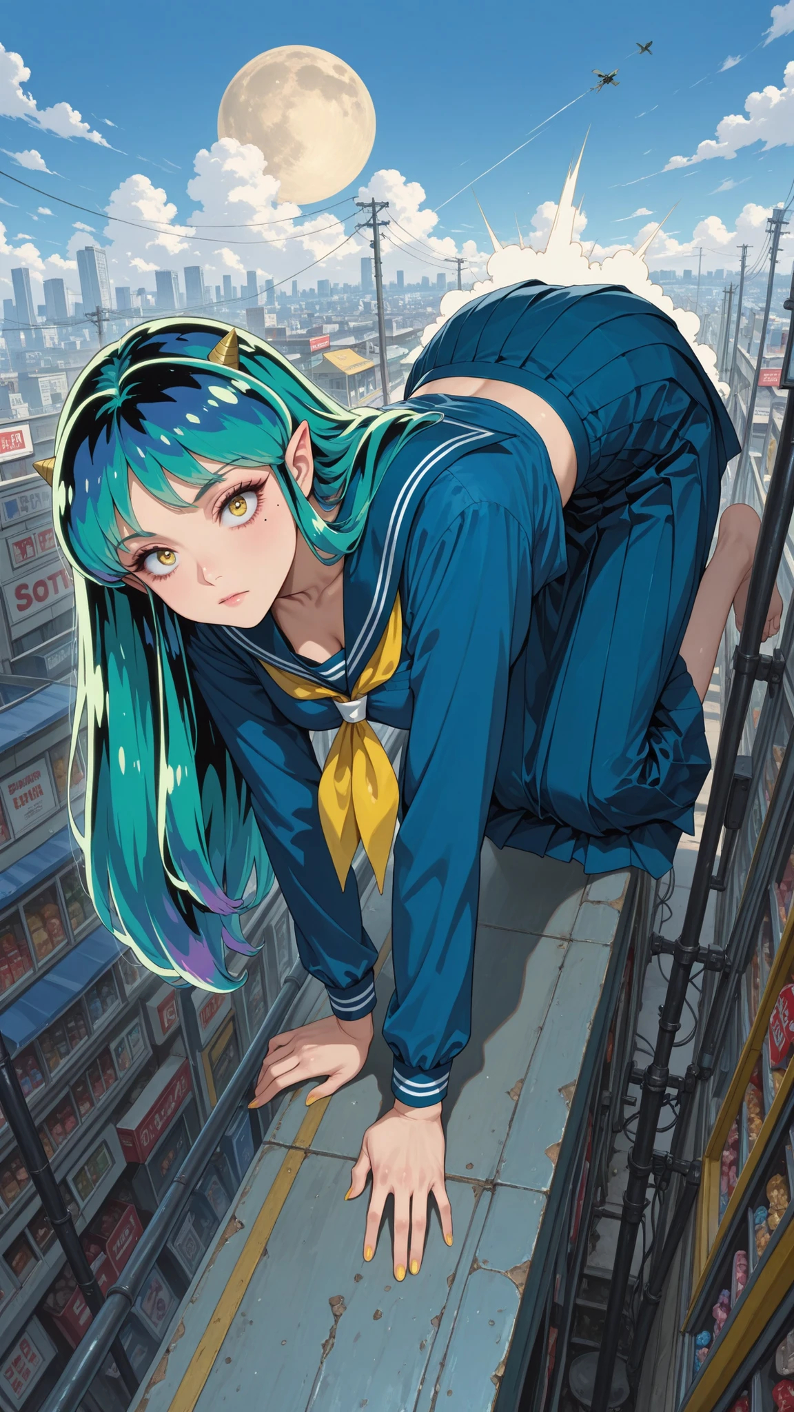 , score_9, score_8_up, score_7_up, score_6_up, score_5_up, score_4_up, Tag 1 , Tags 2, Quality_masterpiece, (masterpiece, details:1.2), 32K, RAW PHOTO 8k Wallpaper, extremely details CG, romantic, beautiful details face, very delicate and beautiful, super fine illustration, intricate details clothes, bizarre things, anatomically correct, beautiful face, perfect face, Highly details beautiful face and eyes, attractive face, detailsな顔, Delicate Facial Features, detailsな肌, medium breasted, Slender, glossy skin, shiny, adipose muscle, mole under eye, Lashes, No expression, Satisfying BREAK Ratings_EXPLICIT, beautiful fingers , Beautiful Nails, face focus, upper body, side of the sky, from above, Lysis, , (Ramxl, Ram, long hair, green hair, Aqua Hair, Multi Colored Hair, cornhorn, pointy ears, , (uniform, uniform, blue shirt, Long Sleeve Only, blue skirt, pleated skirt, yellow neckerchief, sailor color/long dress), , Ram - うる星やつら), (is :1.4), BREAK, (In the air:1.5), (flying:1.5), (stretch both legs:1.5), , dynamic angle, dynamic pose, stares at viewers, , BREAK, (hyperrealism art style, details_Background, Amazing Scenery, , Showa Era Big City Center, standing in front of a candy store, Low-rise stores lined up in front of dagashi stores, Electric pole, power lines, Retro Signage, many people々, Narrow Unpaved Alley, White Clouds and Moon)