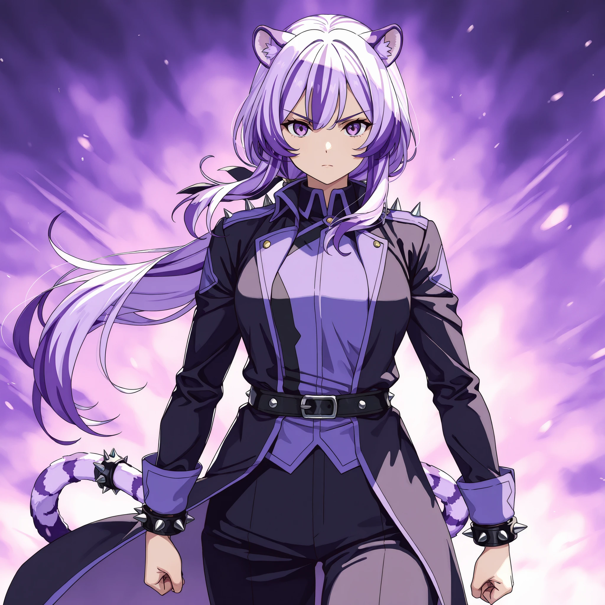 1girl, solo, long hair, lilac hair, multicolored hair, lilac tiger ears, lilac tiger tail, purple eyes, serious, looking at viewer, lilac uniform, black uniform, multicolored uniform, spiked bracelets, spiked scarf, mature woman, low ponytail. Standing, spiked uniform, adventurer uniform, front view.