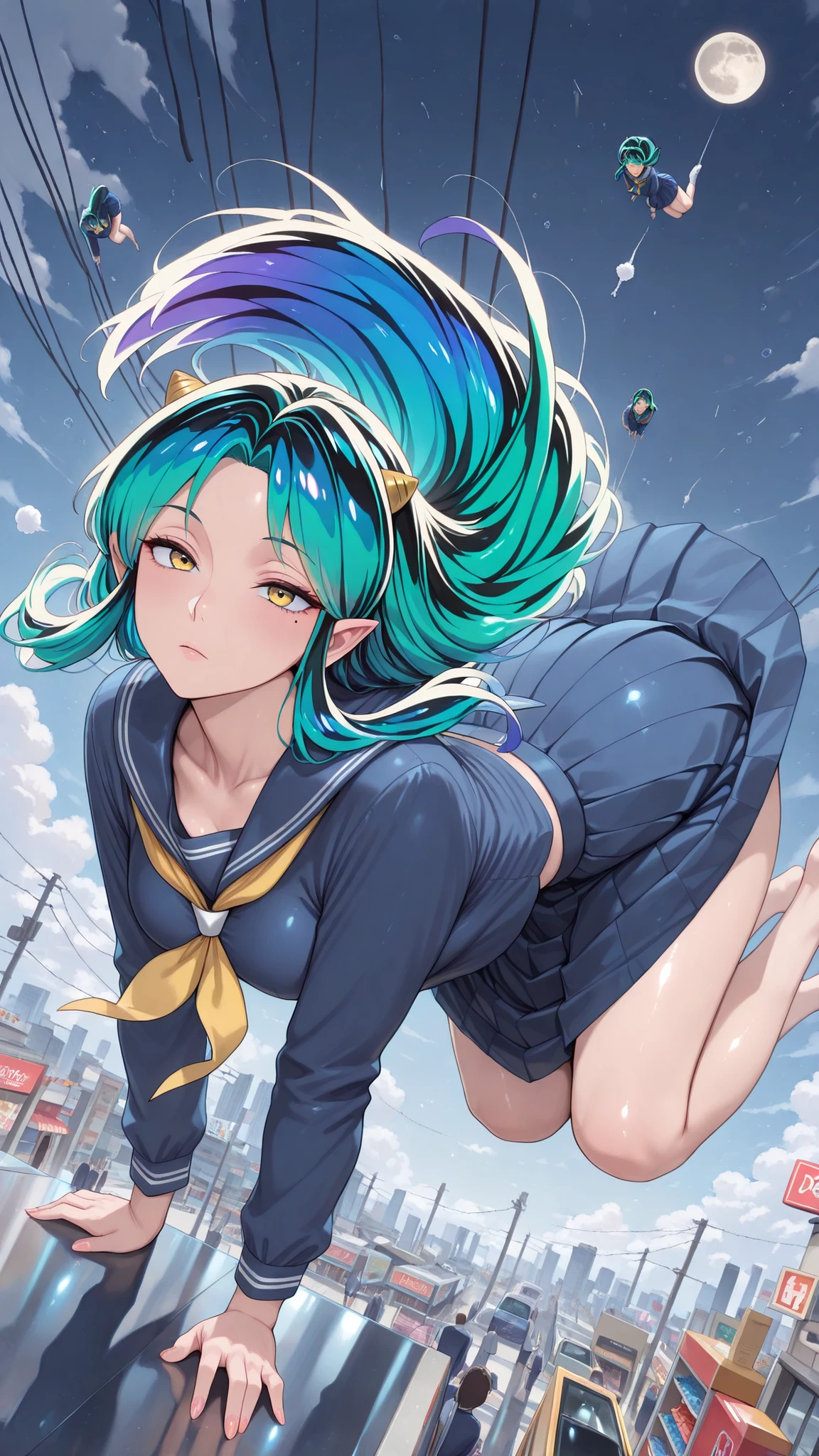 , score_9, score_8_up, score_7_up, score_6_up, score_5_up, score_4_up, Tag 1 , Tags 2, Quality_masterpiece, (masterpiece, details:1.2), 32K, RAW PHOTO 8k Wallpaper, extremely details CG, romantic, beautiful details face, very delicate and beautiful, super fine illustration, intricate details clothes, bizarre things, anatomically correct, beautiful face, perfect face, Highly details beautiful face and eyes, attractive face, detailsな顔, Delicate Facial Features, detailsな肌, medium breasted, Slender, glossy skin, shiny, adipose muscle, mole under eye, Lashes, No expression, Satisfying BREAK Ratings_EXPLICIT, beautiful fingers , Beautiful Nails, face focus, upper body, side of the sky, from above, Lysis, , (Ramxl, Ram, long hair, green hair, Aqua Hair, Multi Colored Hair, cornhorn, pointy ears, , (uniform, uniform, blue shirt, Long Sleeve Only, blue skirt, pleated skirt, yellow neckerchief, sailor color/long dress), , Ram - うる星やつら), (is :1.4), BREAK, (In the air:1.5), (flying:1.5), (stretch both legs:1.5), , dynamic angle, dynamic pose, stares at viewers, , BREAK, (hyperrealism art style, details_Background, Amazing Scenery, , Showa Era Big City Center, standing in front of a candy store, Low-rise stores lined up in front of dagashi stores, Electric pole, power lines, Retro Signage, many people々, Narrow Unpaved Alley, White Clouds and Moon)