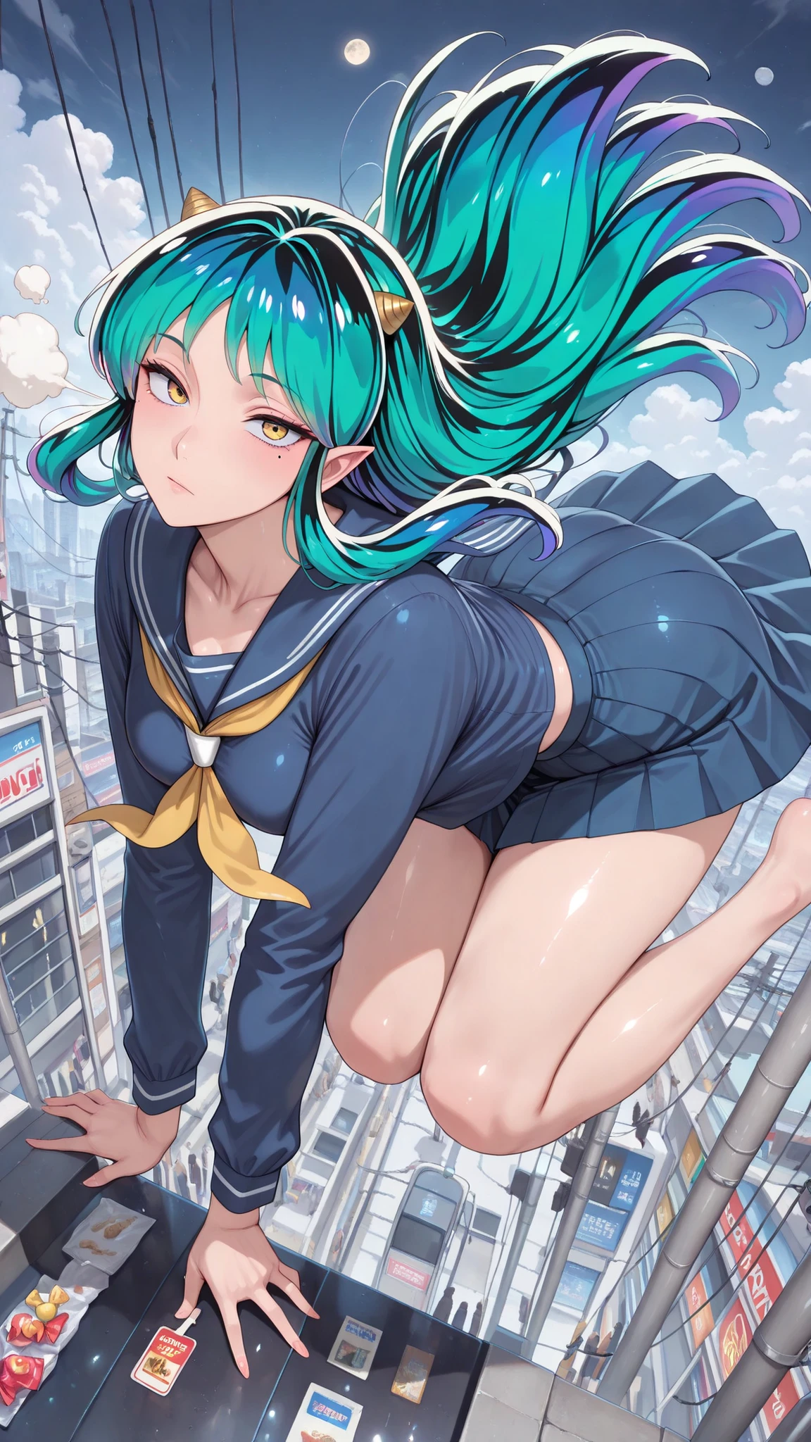 , score_9, score_8_up, score_7_up, score_6_up, score_5_up, score_4_up, Tag 1 , Tags 2, Quality_masterpiece, (masterpiece, details:1.2), 32K, RAW PHOTO 8k Wallpaper, extremely details CG, romantic, beautiful details face, very delicate and beautiful, super fine illustration, intricate details clothes, bizarre things, anatomically correct, beautiful face, perfect face, Highly details beautiful face and eyes, attractive face, detailsな顔, Delicate Facial Features, detailsな肌, medium , Slender, glossy skin, shiny, adipose muscle, mole under eye, Lashes, No expression, Satisfying BREAK Ratings_EXPLICIT, beautiful fingers , Beautiful Nails, face focus, upper body, side of the sky, from above, Lysis, , (Ramxl, Ram, long hair, green hair, Aqua Hair, Multi Colored Hair, cornhorn, pointy ears, , (uniform, uniform, blue shirt, Long Sleeve Only, blue skirt, pleated skirt, yellow neckerchief, sailor color/long dress), , Ram - うる星やつら), (is :1.4), BREAK, (In the air:1.5), (flying:1.5), (stretch both legs:1.5), , dynamic angle, dynamic pose, stares at viewers, , BREAK, (hyperrealism art style, details_Background, Amazing Scenery, , Showa Era Big City Center, standing in front of a candy store, Low-rise stores lined up in front of dagashi stores, Electric pole, power lines, Retro Signage, many people々, Narrow Unpaved Alley, White Clouds and Moon)