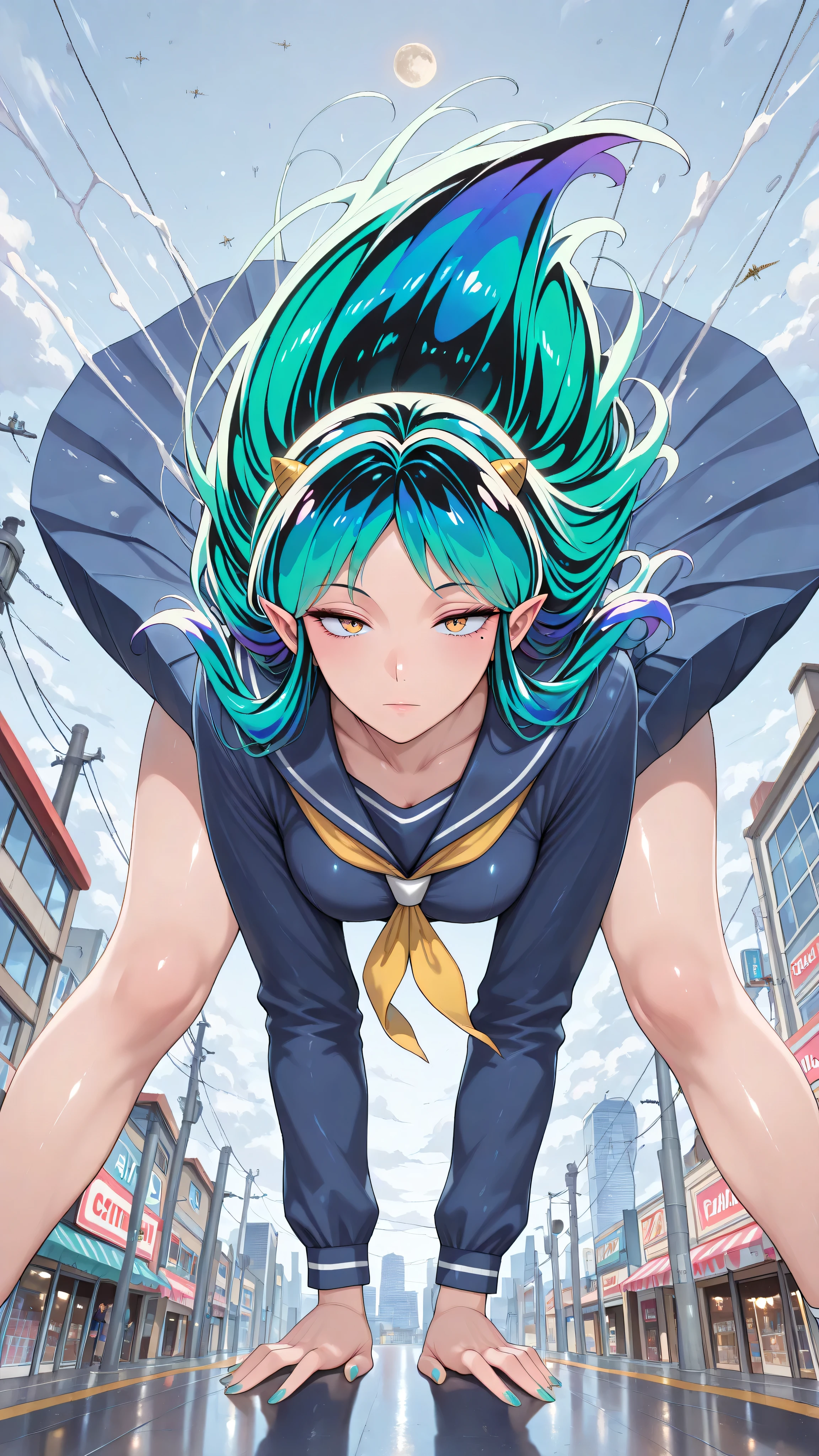 , Score_9, Score_8_up, Score_7_up, Score_6_up, Score_5_up, Score_4_up, Tag1, Tag2, Quality_masterpiece, (masterpiece, detailed:1.2), 32k, RAW photo 8k wallpaper, extremely detailed CG, romantic, beautiful detailed face, an extremely delicate and beautiful, super fine illustration, intricate detailed clothes, Absurd res, Anatomically correct, Beautiful face, Perfect face, Highly detailed beautiful face and eyes, Attractive face, Detailed face, Delicate facial features, Detailed skin, , Slender, Shiny skin, shiny, Oily skin, Mole under eye, Eyelashes, expressionless, Looking pleasured BREAK Rating_explicit, beautiful fingers, beautiful nail, face focus, upper body, from side, from above, Lysis, , (lumxl, lum, long hair, green hair, aqua hair, multicolored hair, cone horns, pointy ears, , (serafuku, school uniform, blue shirt, long sleeves, blue skirt, pleated skirt, yellow neckerchief, sailor collarlong dress), , Lum - Urusei Yatsura), (:1.4), BREAK, (in air:1.5), (flying:1.5), (Straighten both legs:1.5), , dynamic angle, dynamic pose, looking at viewer, , BREAK, (Hyperrealism artstyle, detailed_background, Great view, , downtown area of a big city in the Showa era, in front of a candy store, row of low-rise stores, utility poles, power lines, retro sign, many people, narrow unpaved narrow street, white clouds and moon)