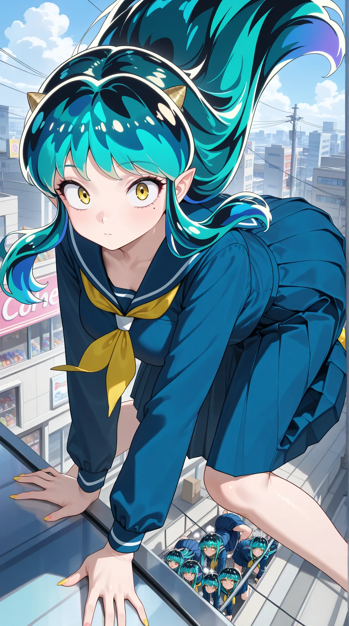 , score_9, score_8_up, score_7_up, score_6_up, score_5_up, score_4_up, Tag 1 , Tags 2, Quality_masterpiece, (masterpiece, details:1.2), 32K, RAW PHOTO 8k Wallpaper, extremely details CG, romantic, beautiful details face, very delicate and beautiful, super fine illustration, intricate details clothes, bizarre things, anatomically correct, beautiful face, perfect face, Highly details beautiful face and eyes, attractive face, detailsな顔, Delicate Facial Features, detailsな肌, medium breasted, Slender, glossy skin, shiny, adipose muscle, mole under eye, Lashes, No expression, Satisfying BREAK Ratings_EXPLICIT, beautiful fingers , Beautiful Nails, face focus, upper body, side of the sky, from above, Lysis, , (Ramxl, Ram, long hair, green hair, Aqua Hair, Multi Colored Hair, cornhorn, pointy ears, , (uniform, uniform, blue shirt, Long Sleeve Only, blue skirt, pleated skirt, yellow neckerchief, sailor color/long dress), , Ram - うる星やつら), (is :1.4), BREAK, (In the air:1.5), (flying:1.5), (stretch both legs:1.5), , dynamic angle, dynamic pose, stares at viewers, , BREAK, (hyperrealism art style, details_Background, Amazing Scenery, , Showa Era Big City Center, standing in front of a candy store, Low-rise stores lined up in front of dagashi stores, Electric pole, power lines, Retro Signage, many people々, Narrow Unpaved Alley, White Clouds and Moon)