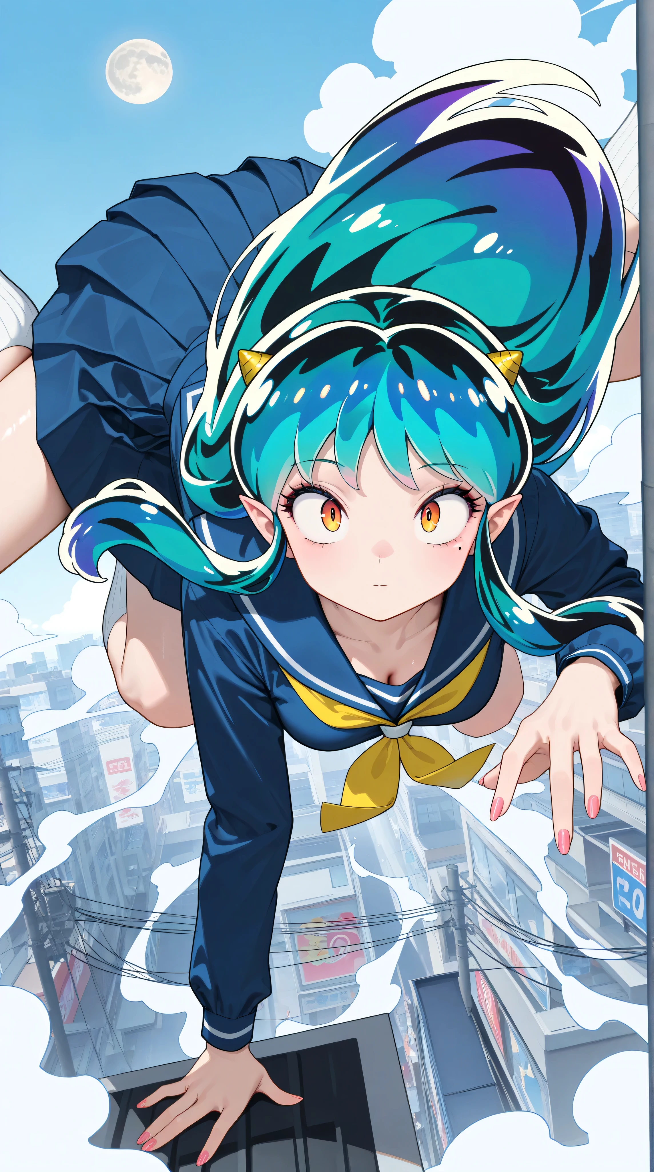 , Score_9, Score_8_up, Score_7_up, Score_6_up, Score_5_up, Score_4_up, Tag1, Tag2, Quality_masterpiece, (masterpiece, detailed:1.2), 32k, RAW photo 8k wallpaper, extremely detailed CG, romantic, beautiful detailed face, an extremely delicate and beautiful, super fine illustration, intricate detailed clothes, Absurd res, Anatomically correct, Beautiful face, Perfect face, Highly detailed beautiful face and eyes, Attractive face, Detailed face, Delicate facial features, Detailed skin, , Slender, Shiny skin, shiny, Oily skin, Mole under eye, Eyelashes, expressionless, Looking pleasured BREAK Rating_explicit, beautiful fingers, beautiful nail, face focus, upper body, from side, from above, Lysis, , (lumxl, lum, long hair, green hair, aqua hair, multicolored hair, cone horns, pointy ears, , (serafuku, school uniform, blue shirt, long sleeves, blue skirt, pleated skirt, yellow neckerchief, sailor collarlong dress), , Lum - Urusei Yatsura), (:1.4), BREAK, (in air:1.5), (flying:1.5), (Straighten both legs:1.5), , dynamic angle, dynamic pose, looking at viewer, , BREAK, (Hyperrealism artstyle, detailed_background, Great view, , downtown area of a big city in the Showa era, in front of a candy store, row of low-rise stores, utility poles, power lines, retro sign, many people, narrow unpaved narrow street, white clouds and moon)