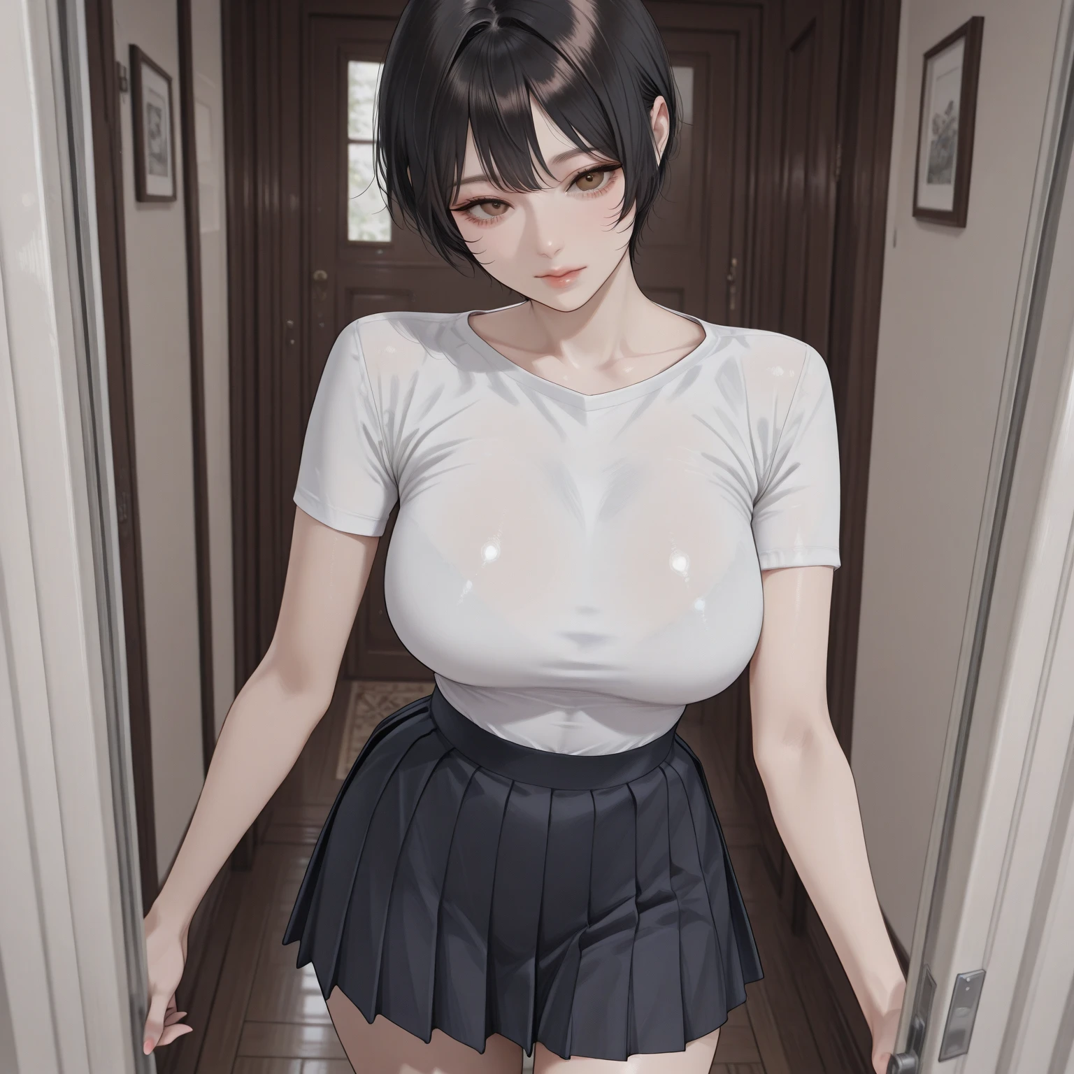 1 Young girls, 独奏, White polo shirt, White sneakers, 
, white , tmasterpiece, Best quality, realistically, ultra - detailed, (shiny skins, Sweated:1.4), hoang lap, looking at viewert, with short black hair, with brown eye,slenderness,Dynamic light and shadow,A high resolution,Focus sharp,depth of fields,The eyes are delicate,Sharp pupils,student reality,(Bigchest:1.6),(Thigh thick:1.0),allure,sky sky