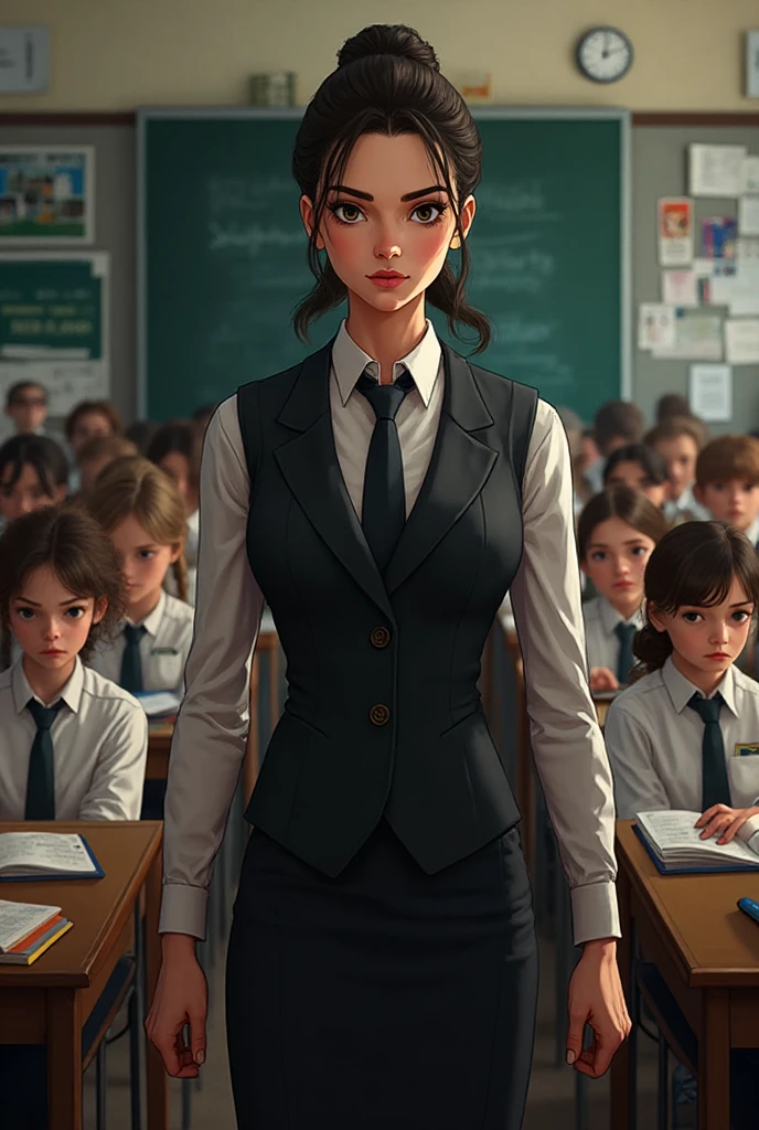 Adult woman with accessories and governess uniform. She has dark hair with white highlights. She wears glasses and looks a bit careless. No fundo,is inside the mansion with employees working. 