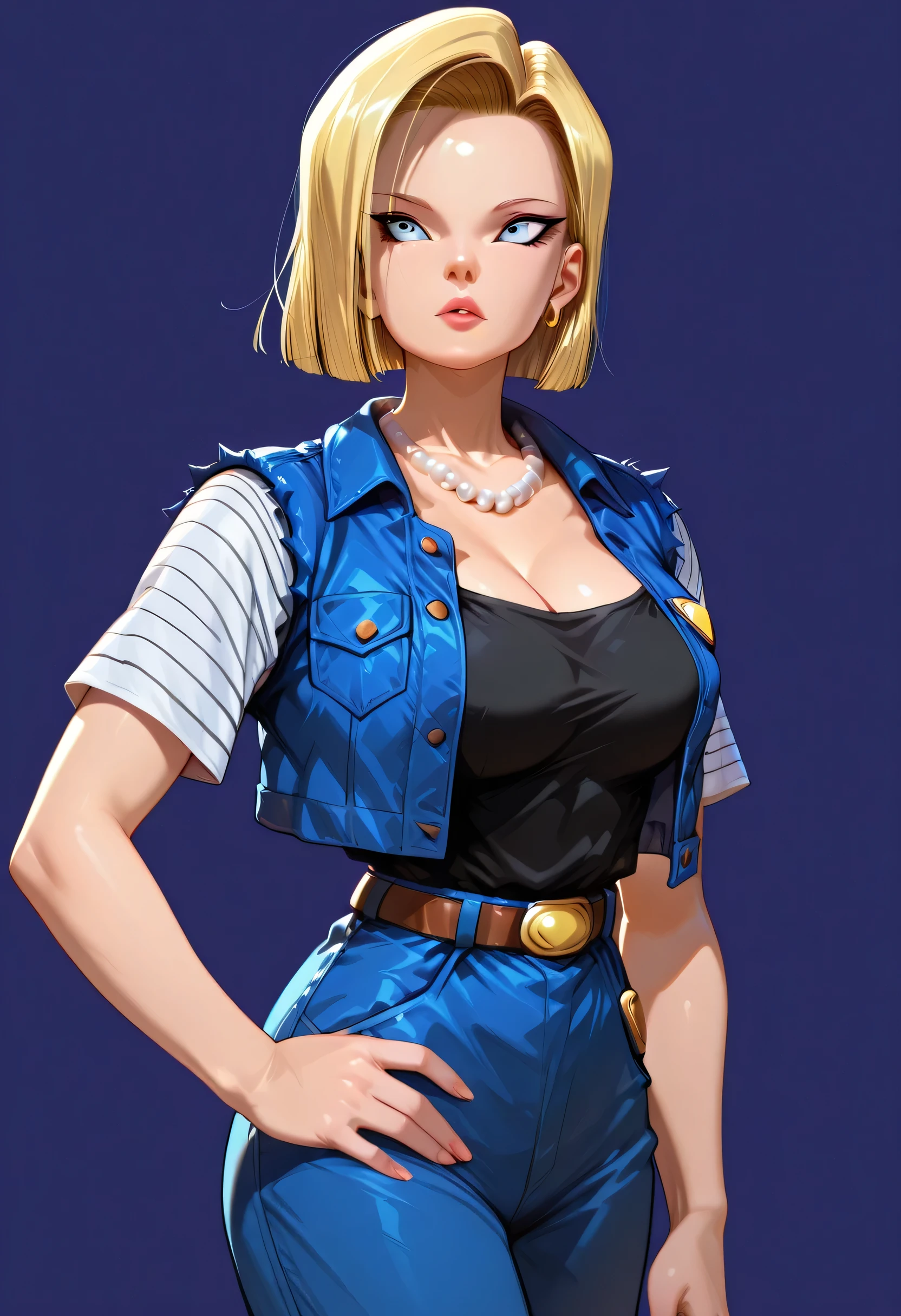 (simple background), android 18, (1girl), short hair, blonde hair, big eyes, blue eyes, lips, lipstick, large breasts, necklace, standing