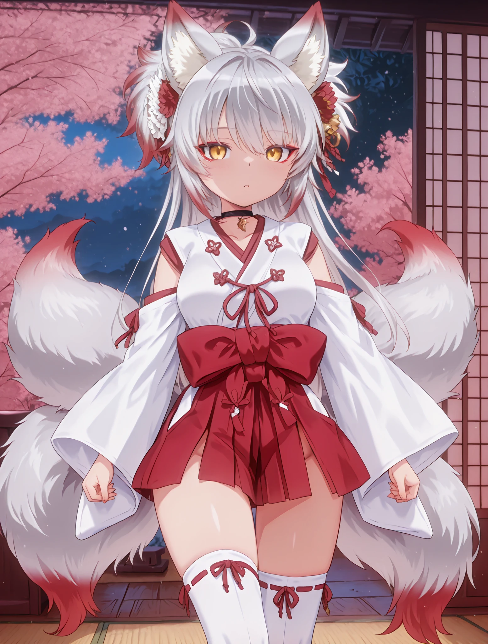 Highest Quality Extremely Fine Drawing Ultra-fine image quality 8K 1girl, a young woman with anime characters, gray hair and reddish-tipped white fox ears. She has large, golden eyes, and she is a traditional Japanese costume wearing mainly white and red accents, a red belt and tie. A black choker adorned her neck, a prominent white fox tail with a red pink tip, multiple tails, silver tails, fluffy tails, golden eyes, BREAK, (red eyeshadow: 1.2), a red hakama miniskirt, simple straight hair with white over knee socks and thighs、a red string decoration-a red hair decoration、