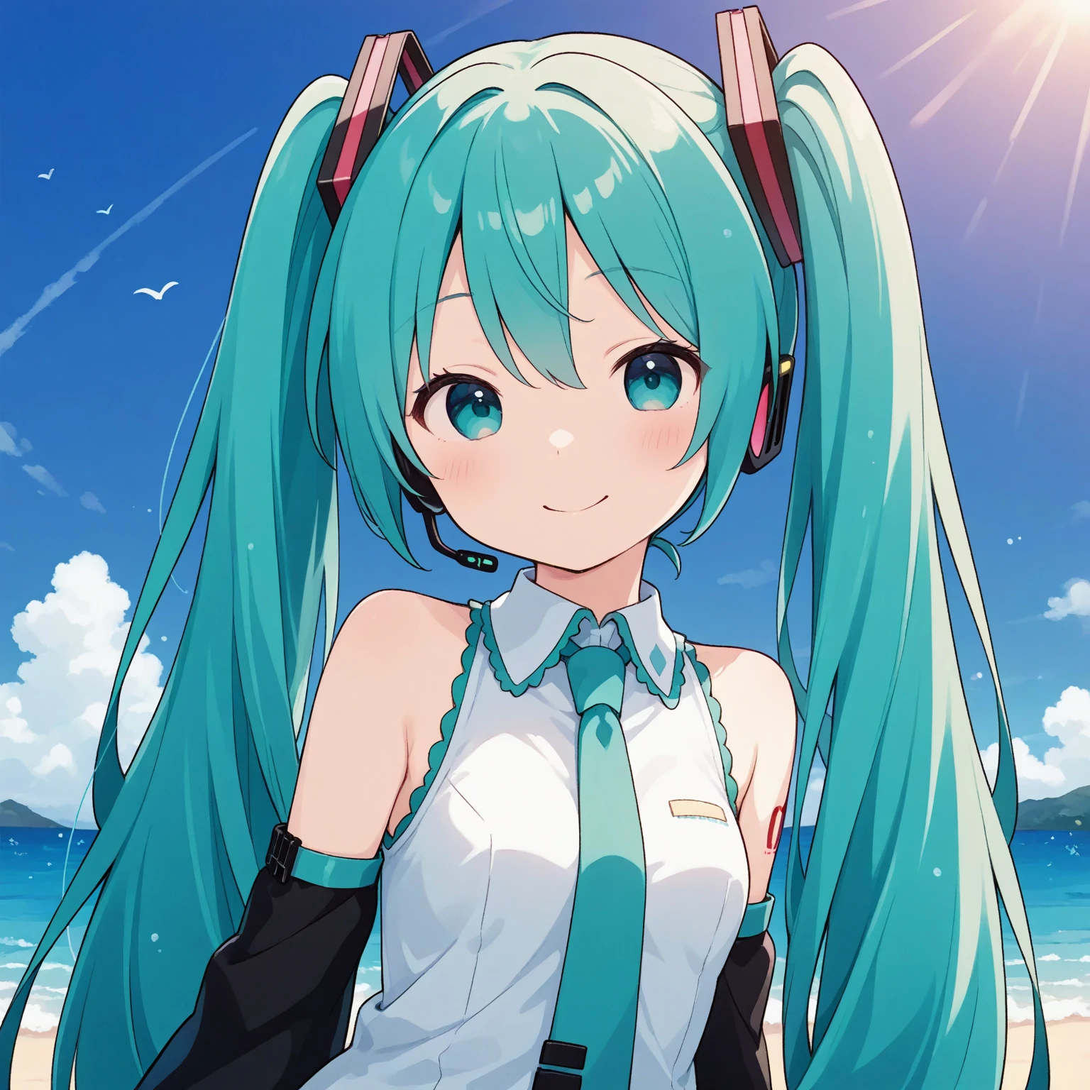 Hatsune Miku。Beach and palm trees。Sunset