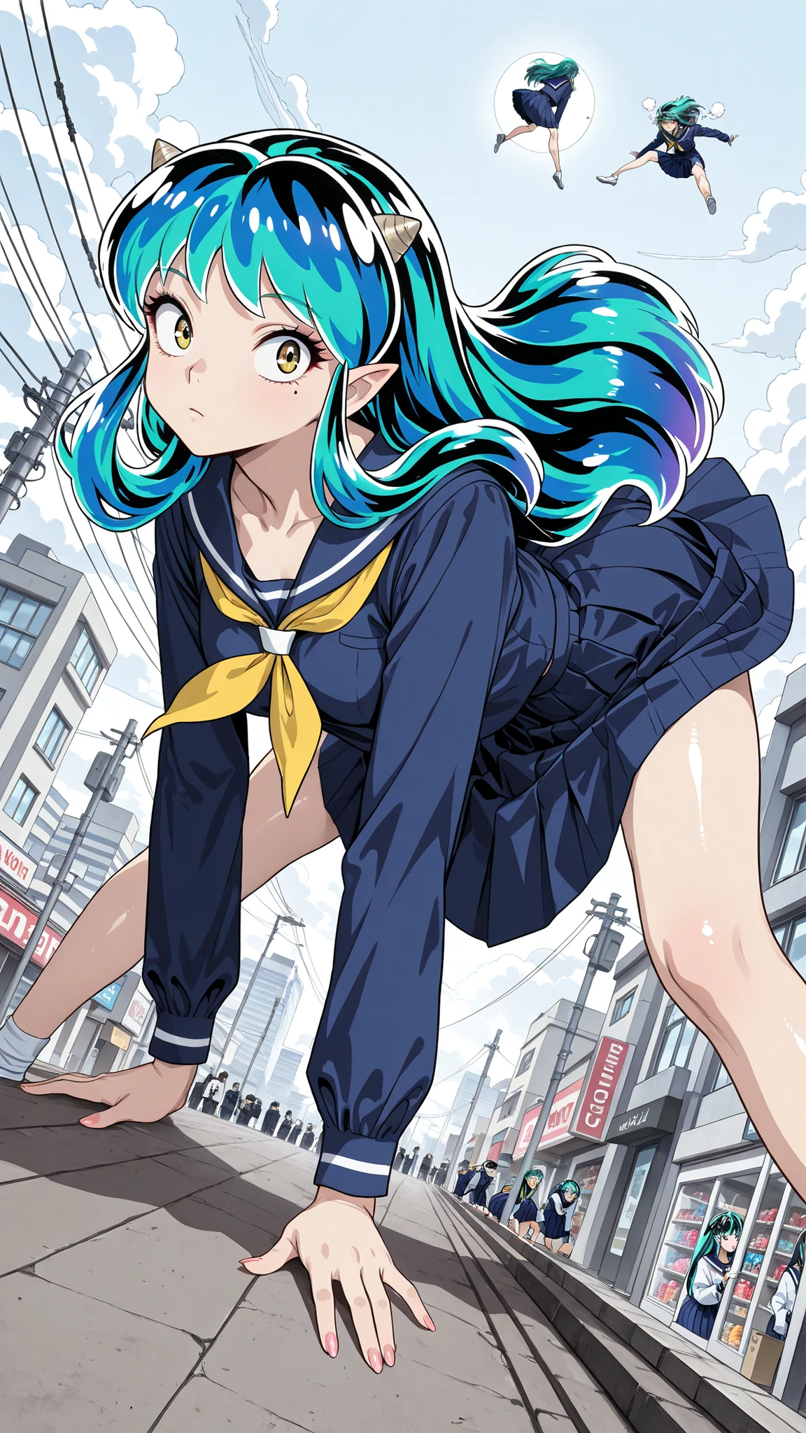 , score_9, score_8_up, score_7_up, score_6_up, score_5_up, score_4_up, Tag 1 , Tags 2, Quality_masterpiece, (masterpiece, details:1.2), 32K, RAW PHOTO 8k Wallpaper, extremely details CG, romantic, beautiful details face, very delicate and beautiful, super fine illustration, intricate details clothes, bizarre things, anatomically correct, beautiful face, perfect face, Highly details beautiful face and eyes, attractive face, detailsな顔, Delicate Facial Features, detailsな肌, medium breasted, Slender, glossy skin, shiny, adipose muscle, mole under eye, Lashes, No expression, Satisfying BREAK Ratings_EXPLICIT, beautiful fingers , Beautiful Nails, face focus, upper body, side of the sky, from above, Lysis, , (Ramxl, Ram, long hair, green hair, Aqua Hair, Multi Colored Hair, cornhorn, pointy ears, , (uniform, uniform, blue shirt, Long Sleeve Only, blue skirt, pleated skirt, yellow neckerchief, sailor color/long dress), , Ram - うる星やつら), (is :1.4), BREAK, (In the air:1.5), (flying:1.5), (stretch both legs:1.5), , dynamic angle, dynamic pose, stares at viewers, , BREAK, (hyperrealism art style, details_Background, Amazing Scenery, , Showa Era Big City Center, standing in front of a candy store, Low-rise stores lined up in front of dagashi stores, Electric pole, power lines, Retro Signage, many people々, Narrow Unpaved Alley, White Clouds and Moon)