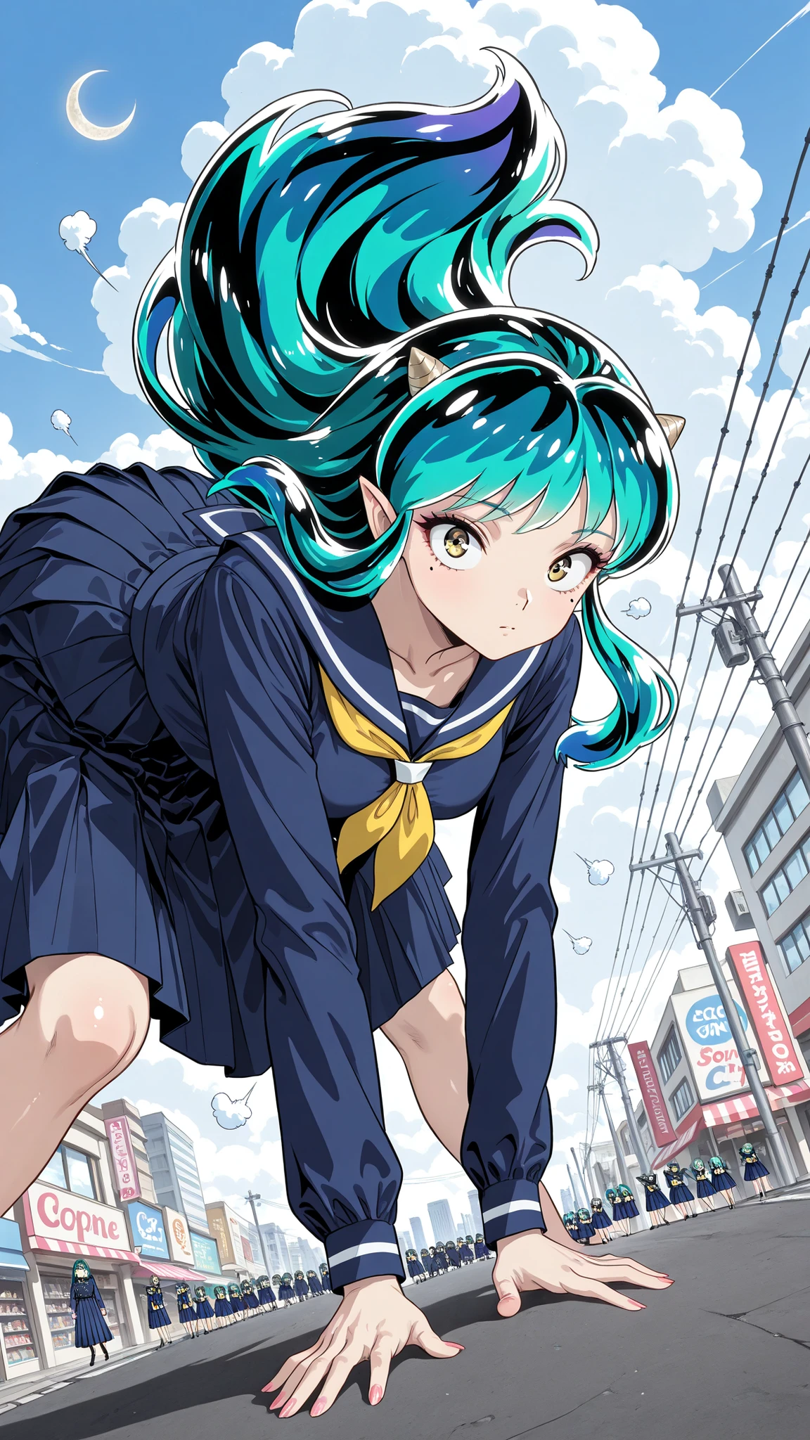 , score_9, score_8_up, score_7_up, score_6_up, score_5_up, score_4_up, Tag 1 , Tags 2, Quality_masterpiece, (masterpiece, details:1.2), 32K, RAW PHOTO 8k Wallpaper, extremely details CG, romantic, beautiful details face, very delicate and beautiful, super fine illustration, intricate details clothes, bizarre things, anatomically correct, beautiful face, perfect face, Highly details beautiful face and eyes, attractive face, detailsな顔, Delicate Facial Features, detailsな肌, medium breasted, Slender, glossy skin, shiny, adipose muscle, mole under eye, Lashes, No expression, Satisfying BREAK Ratings_EXPLICIT, beautiful fingers , Beautiful Nails, face focus, upper body, side of the sky, from above, Lysis, , (Ramxl, Ram, long hair, green hair, Aqua Hair, Multi Colored Hair, cornhorn, pointy ears, , (uniform, uniform, blue shirt, Long Sleeve Only, blue skirt, pleated skirt, yellow neckerchief, sailor color/long dress), , Ram - うる星やつら), (is :1.4), BREAK, (In the air:1.5), (flying:1.5), (stretch both legs:1.5), , dynamic angle, dynamic pose, stares at viewers, , BREAK, (hyperrealism art style, details_Background, Amazing Scenery, , Showa Era Big City Center, standing in front of a candy store, Low-rise stores lined up in front of dagashi stores, Electric pole, power lines, Retro Signage, many people々, Narrow Unpaved Alley, White Clouds and Moon)